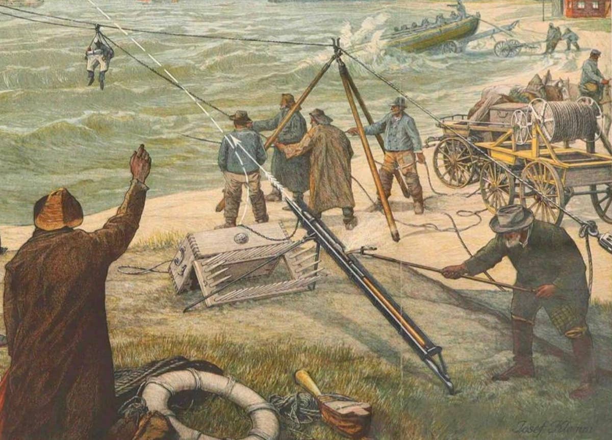 Large Lighthouse Rescue Schoolplate – Josef Klemm Chromolithograph, c.1900