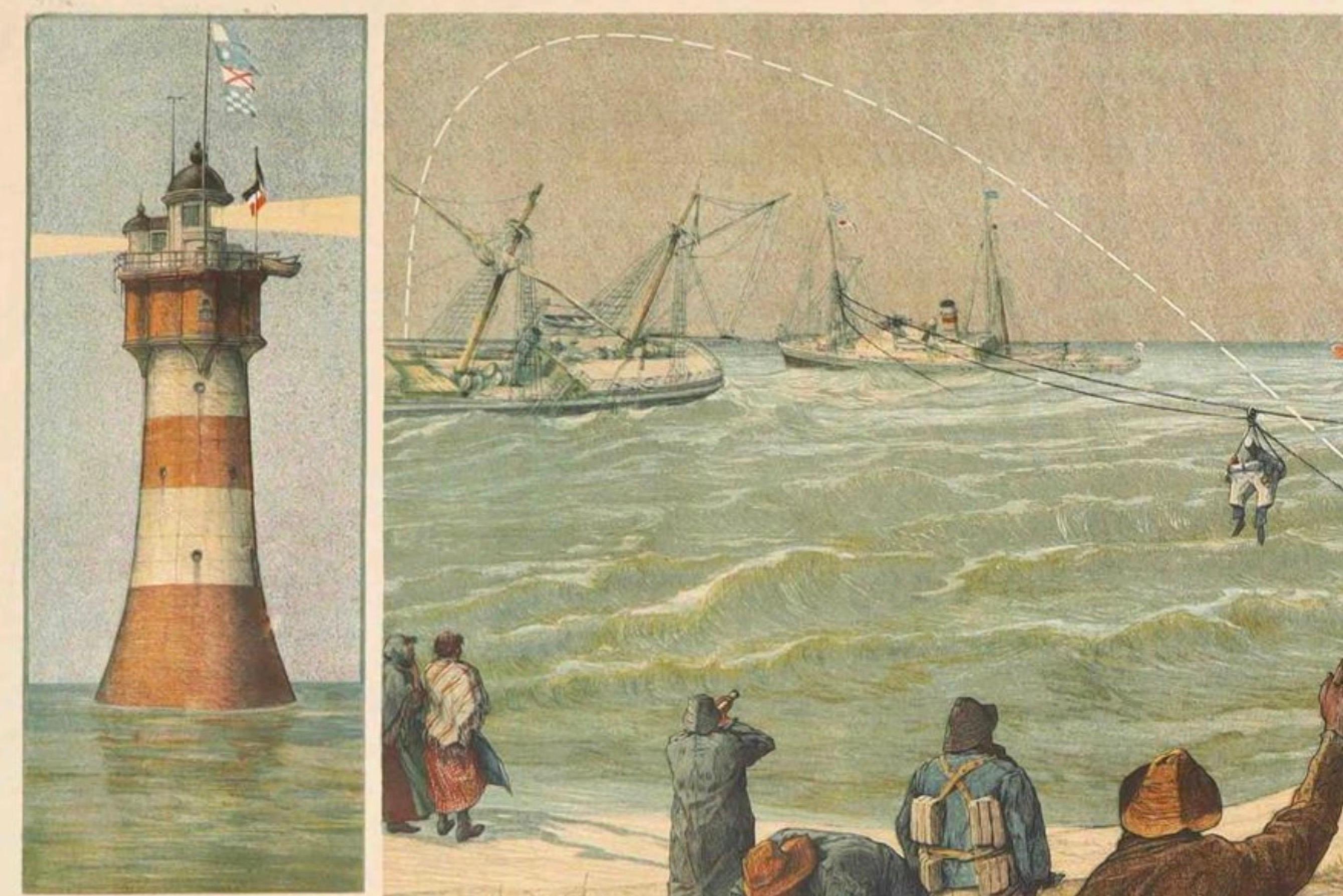 Large Lighthouse Rescue Schoolplate – Josef Klemm Chromolithograph, c.1900