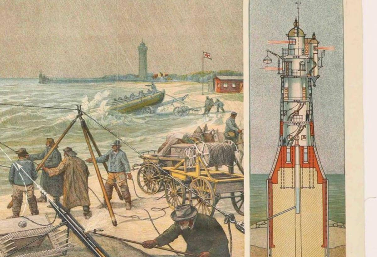 Large Lighthouse Rescue Schoolplate – Josef Klemm Chromolithograph, c.1900