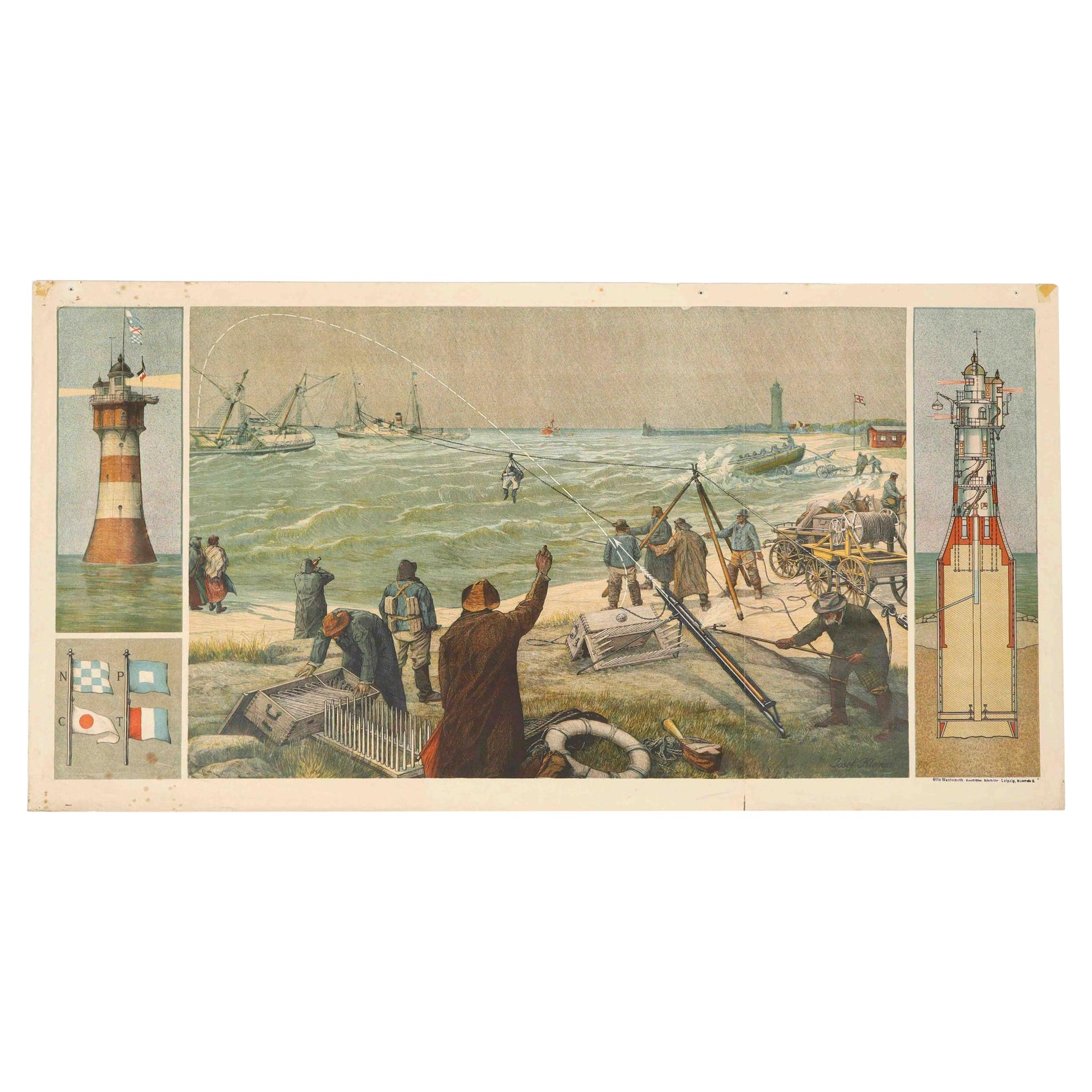 Large Lighthouse Rescue Schoolplate – Josef Klemm Chromolithograph, c.1900 For Sale