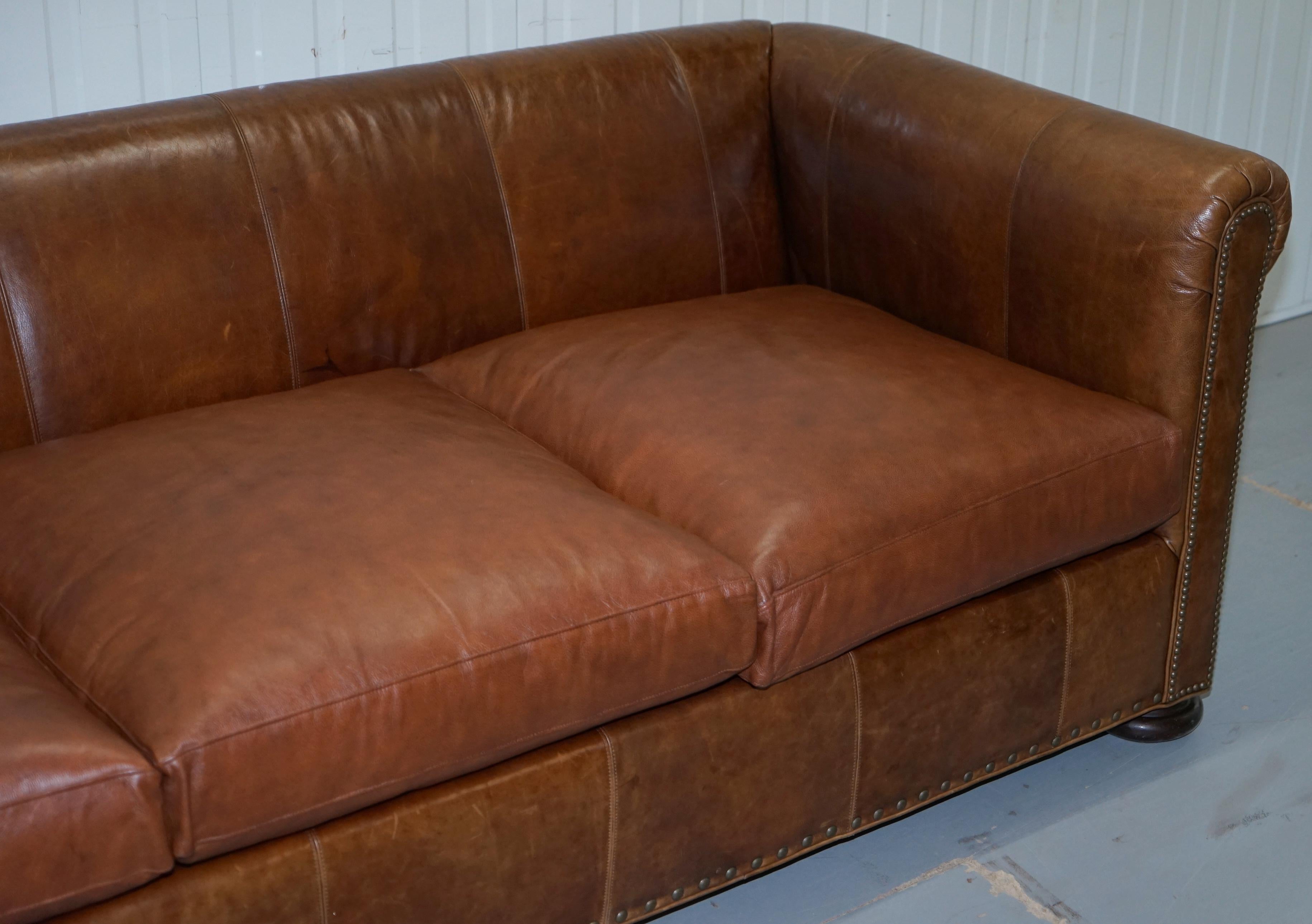 Hand-Carved Large Lillian August Brown Leather Three to Four Seat Contemporary Sofa