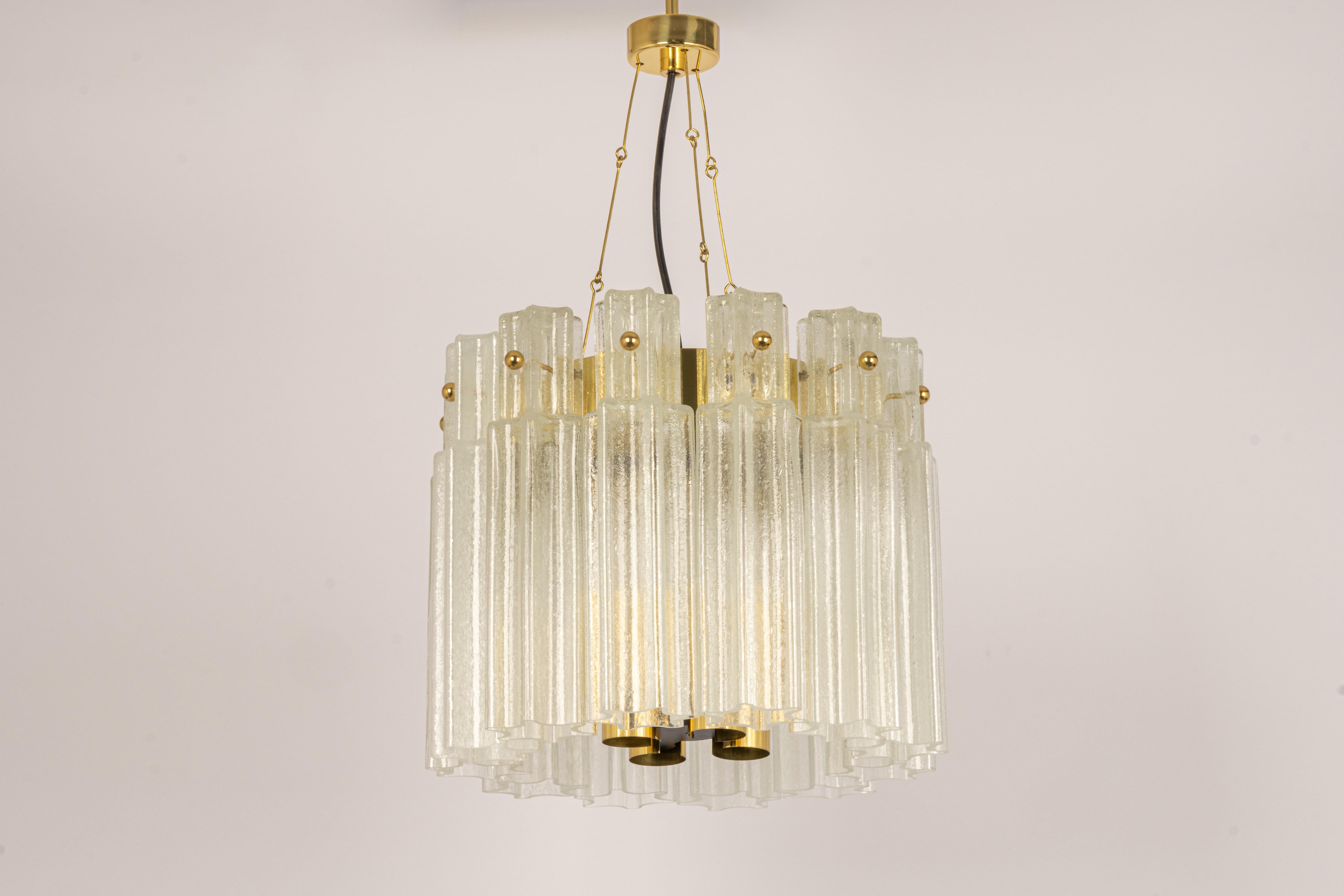 1 of 2 Large pendant lights with hand-blown glass pieces on a brass base made by Glashütte Limburg.

Best of the 1970s from Germany.
High quality and in very good condition. Cleaned, well-wired, and ready to use. 

The fixture requires 4 x E27