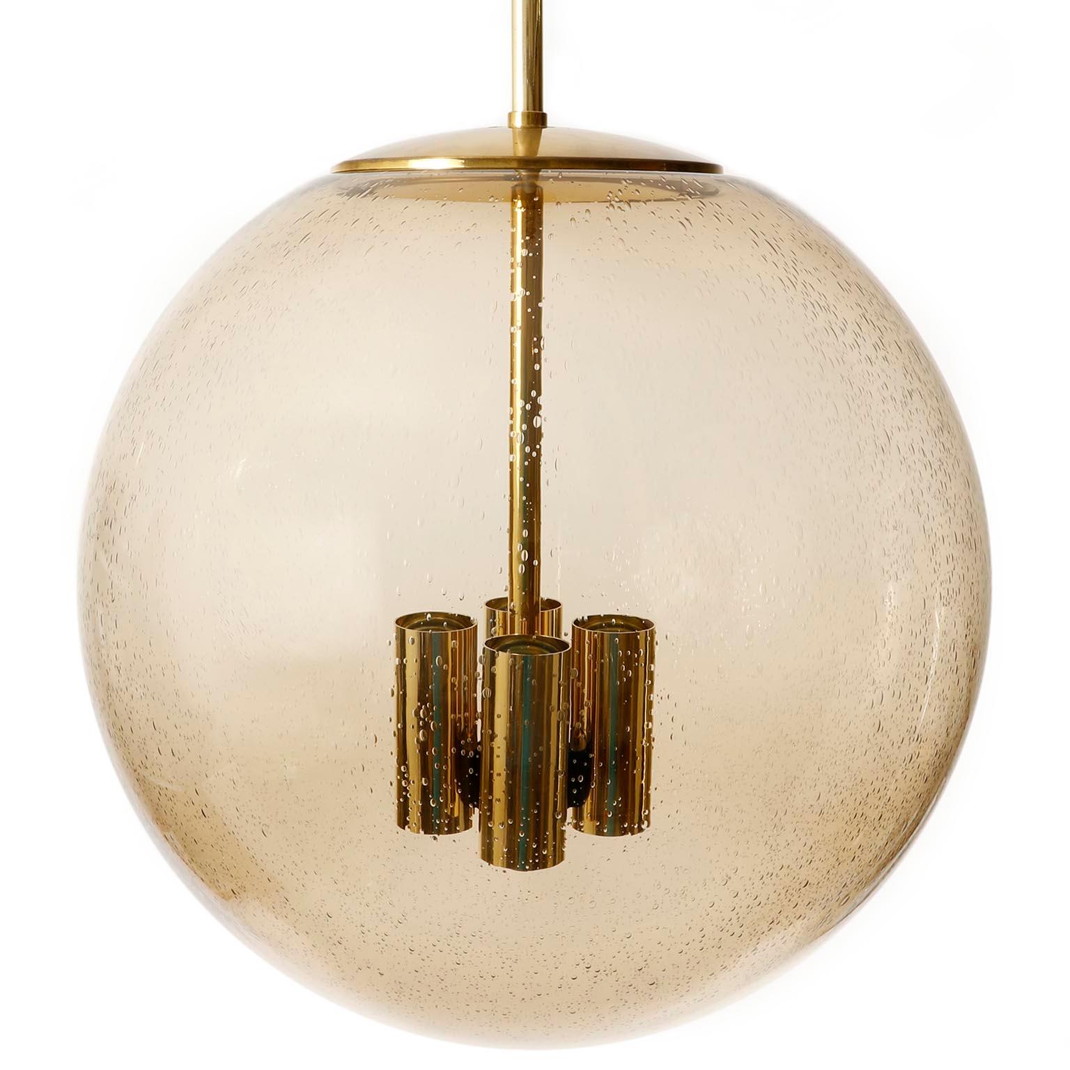 German Large Limburg Globe Pendant Light, Brass Amber Smoked Glass, 1970s, One of Six For Sale