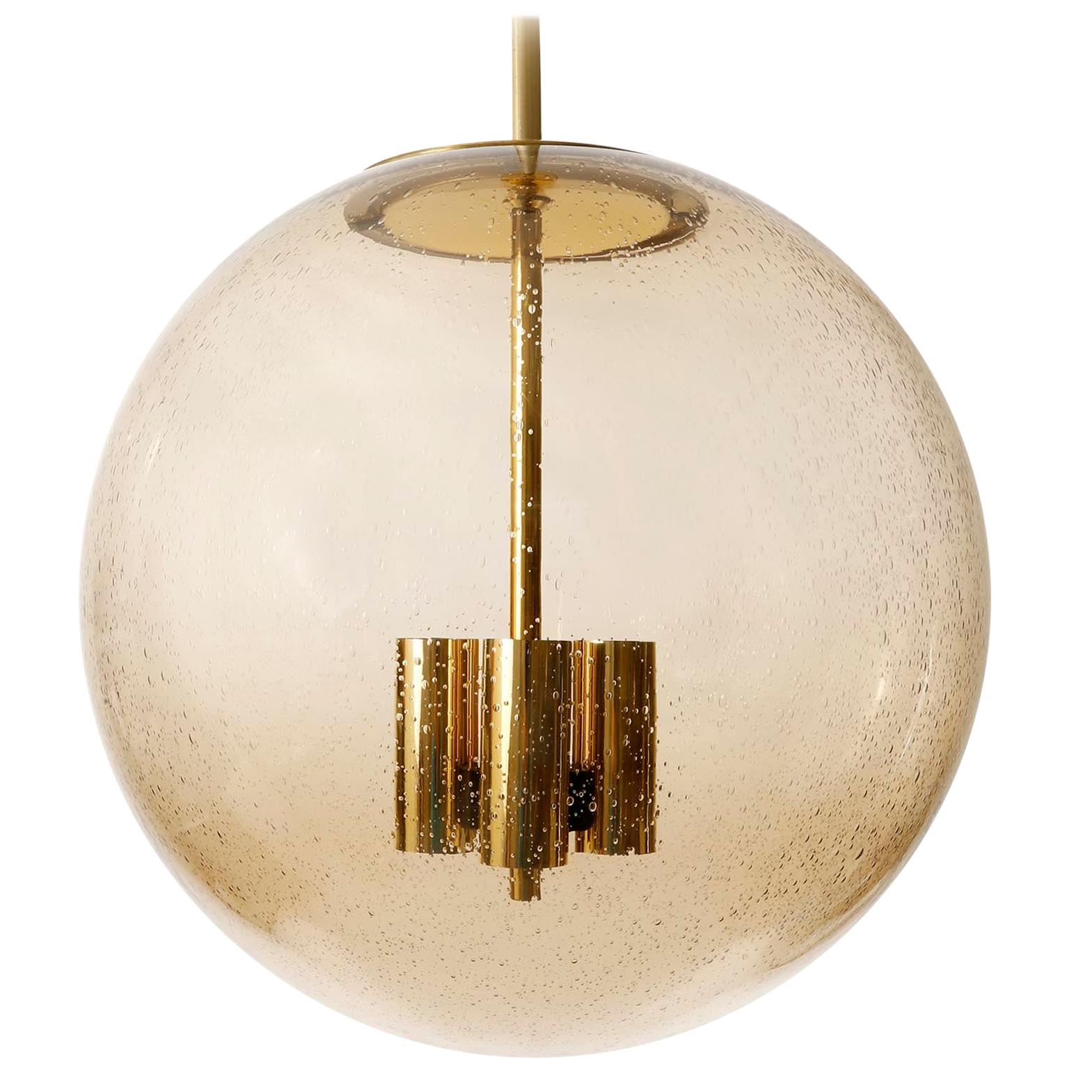 Large Limburg Globe Pendant Light, Brass Amber Smoked Glass, 1970s, One of Six