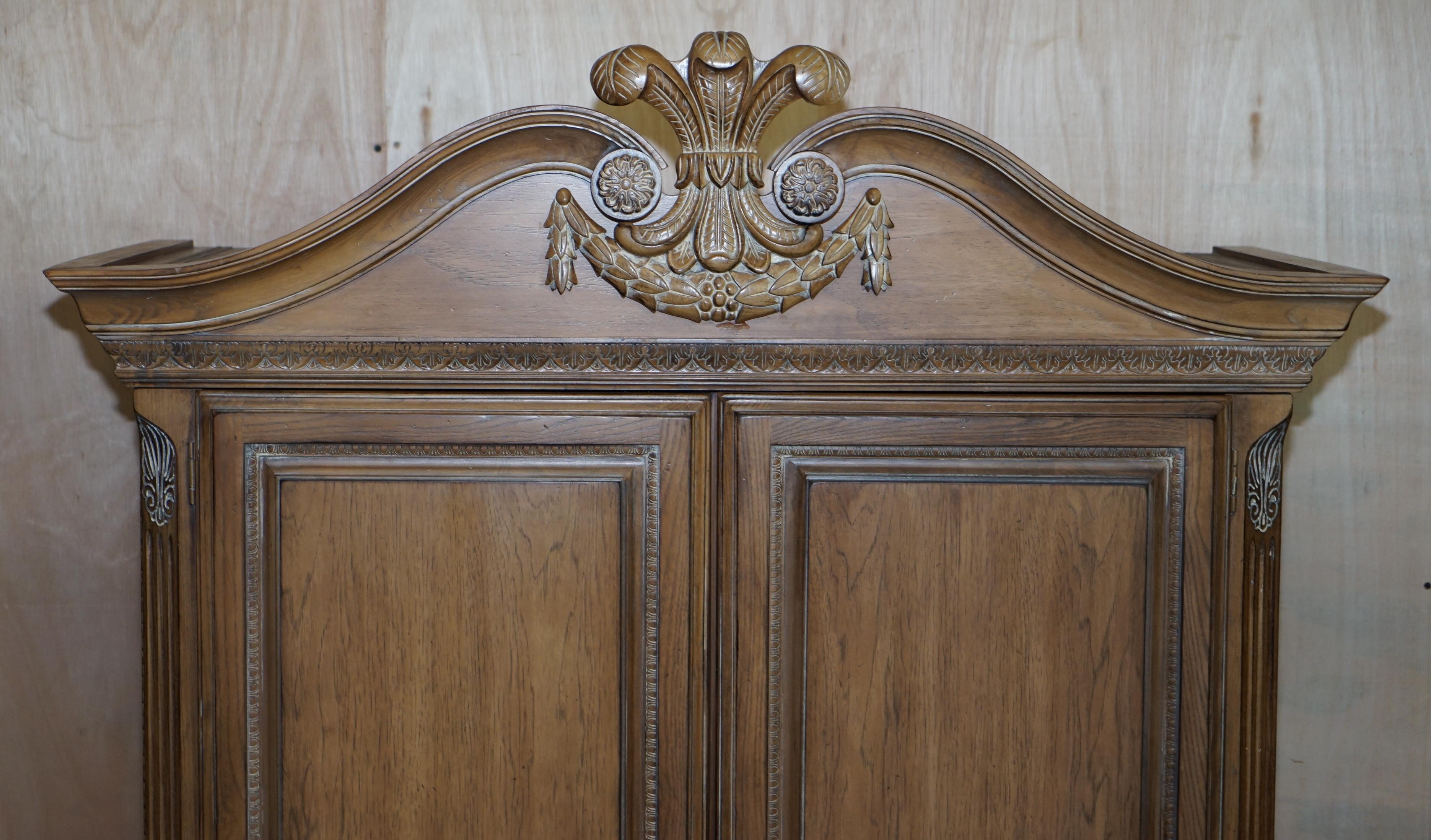 Country Large Limed Oak Media Cabinet Cupboard Prince Charles Fleur De Lis Feather Crest For Sale