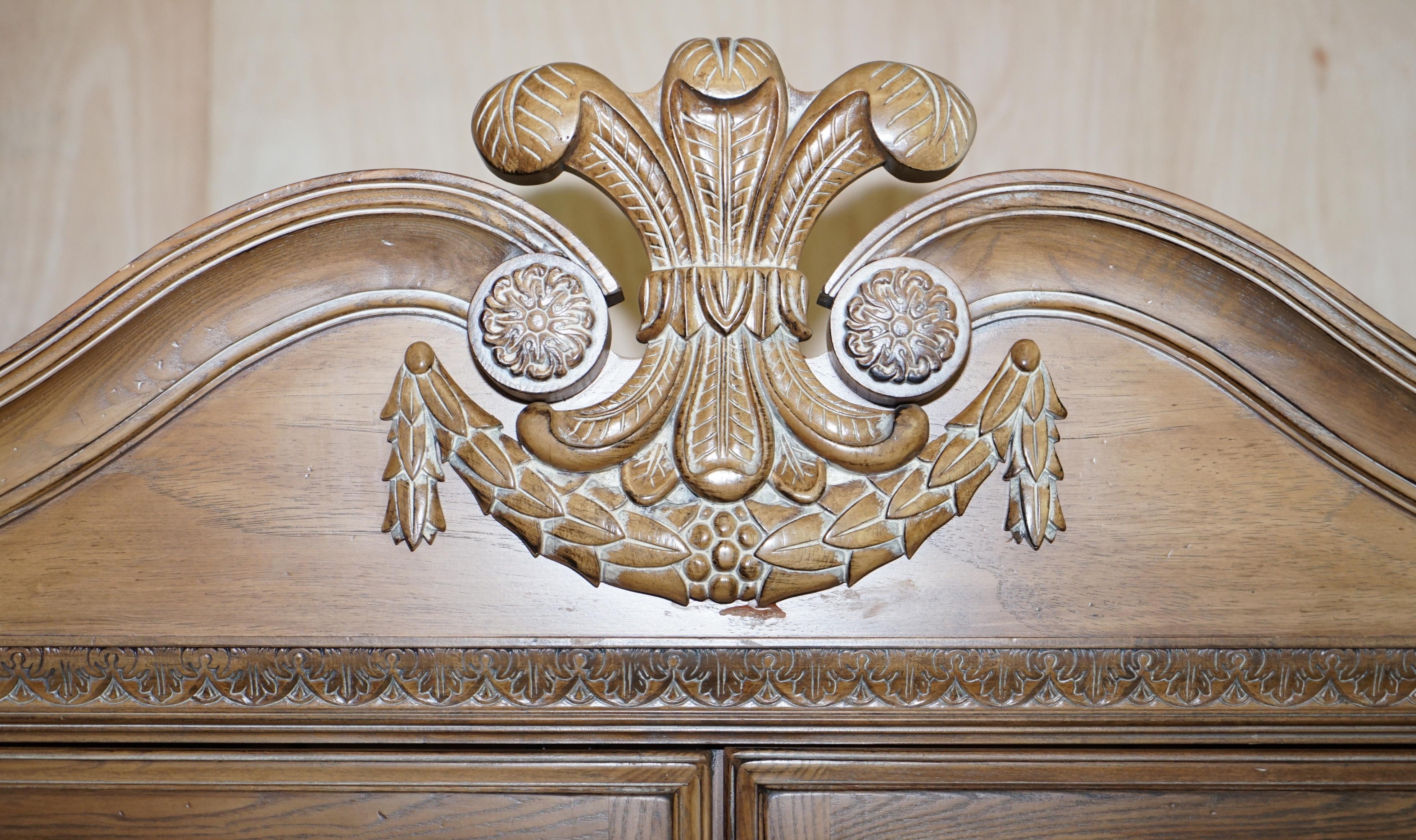 English Large Limed Oak Media Cabinet Cupboard Prince Charles Fleur De Lis Feather Crest For Sale