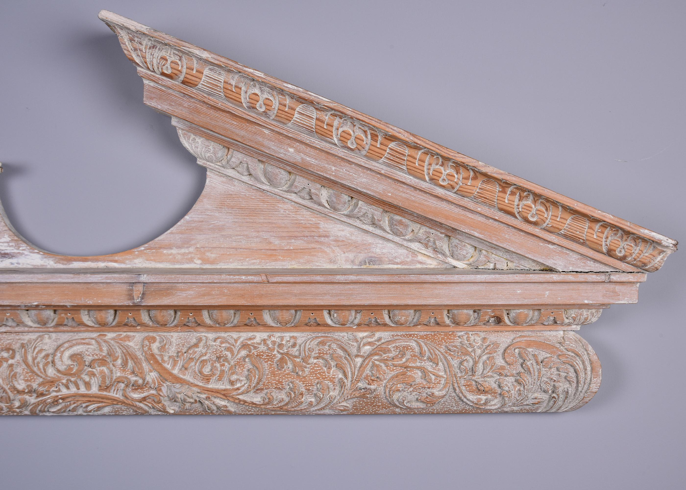 Large Limed Wooden Overdoor Split Pediment With Highly Carved Bottom Edge For Sale 4