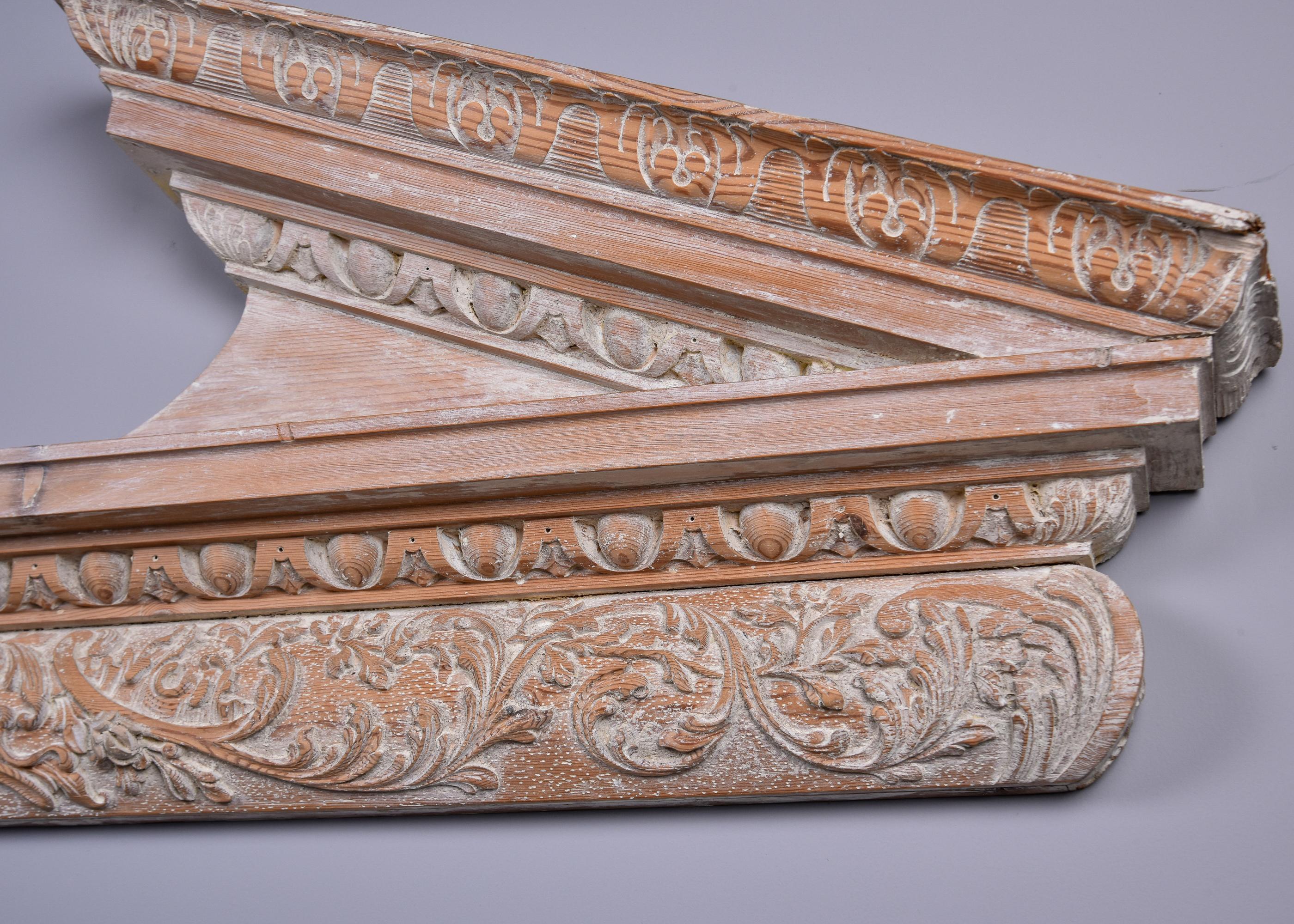 Large Limed Wooden Overdoor Split Pediment With Highly Carved Bottom Edge For Sale 5