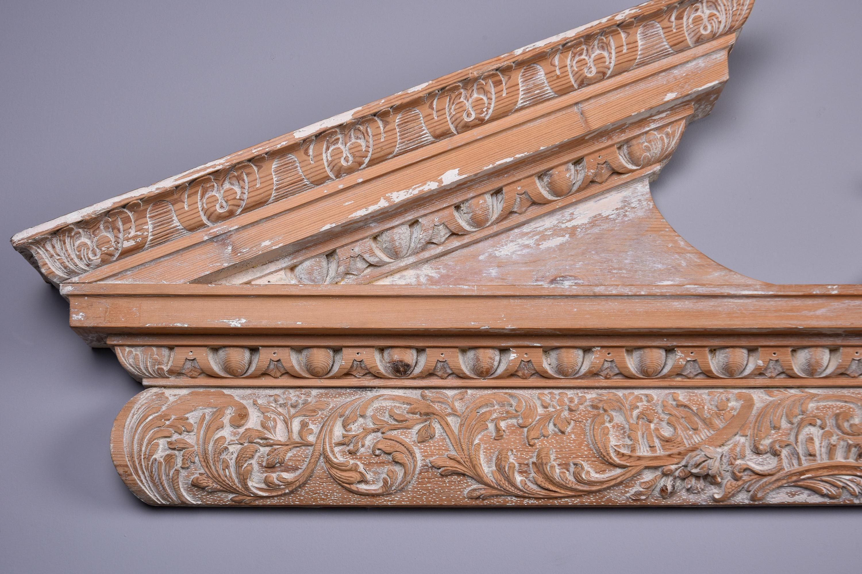 Large Limed Wooden Overdoor Split Pediment With Highly Carved Bottom Edge For Sale 6