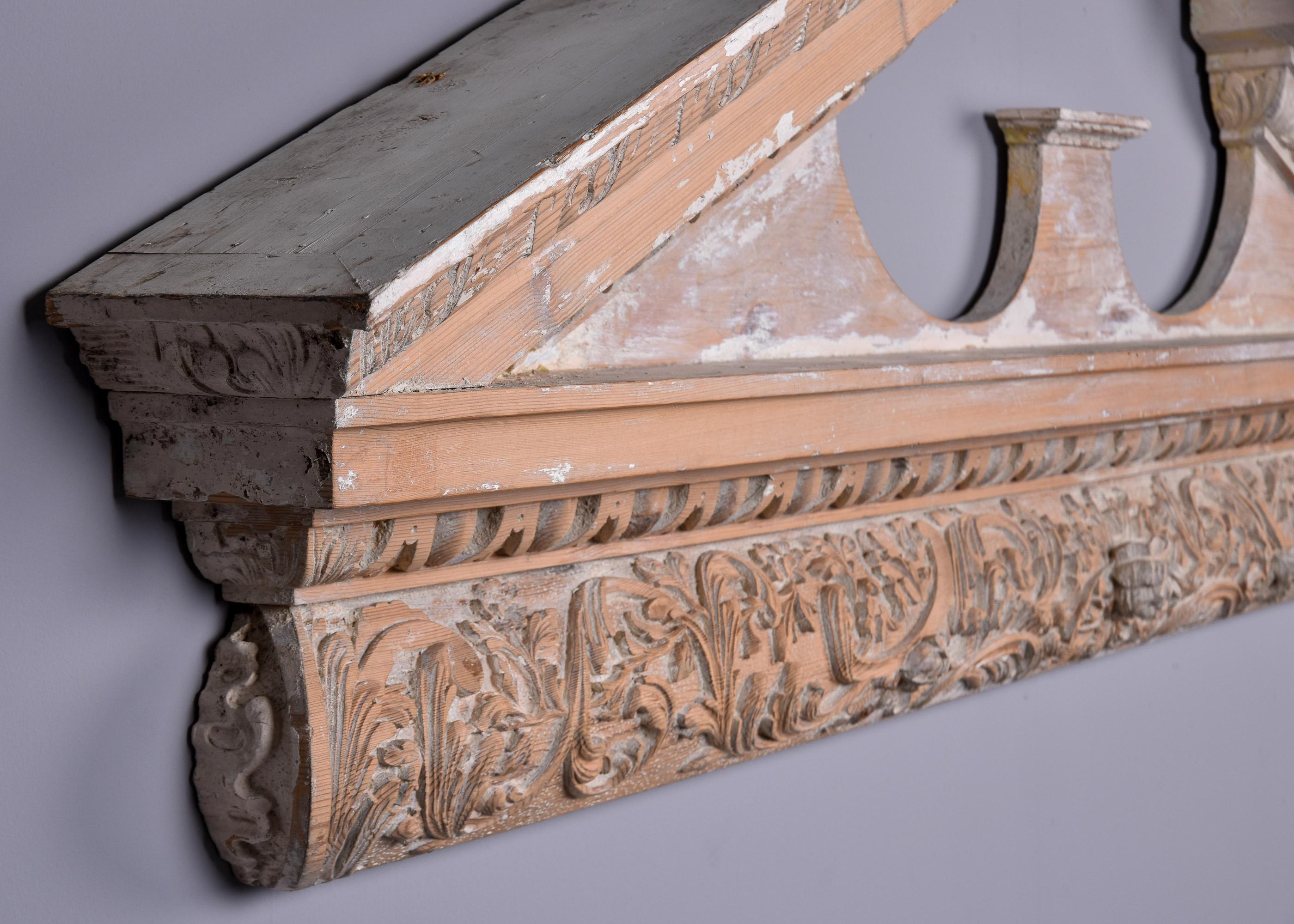 Large Limed Wooden Overdoor Split Pediment With Highly Carved Bottom Edge For Sale 1
