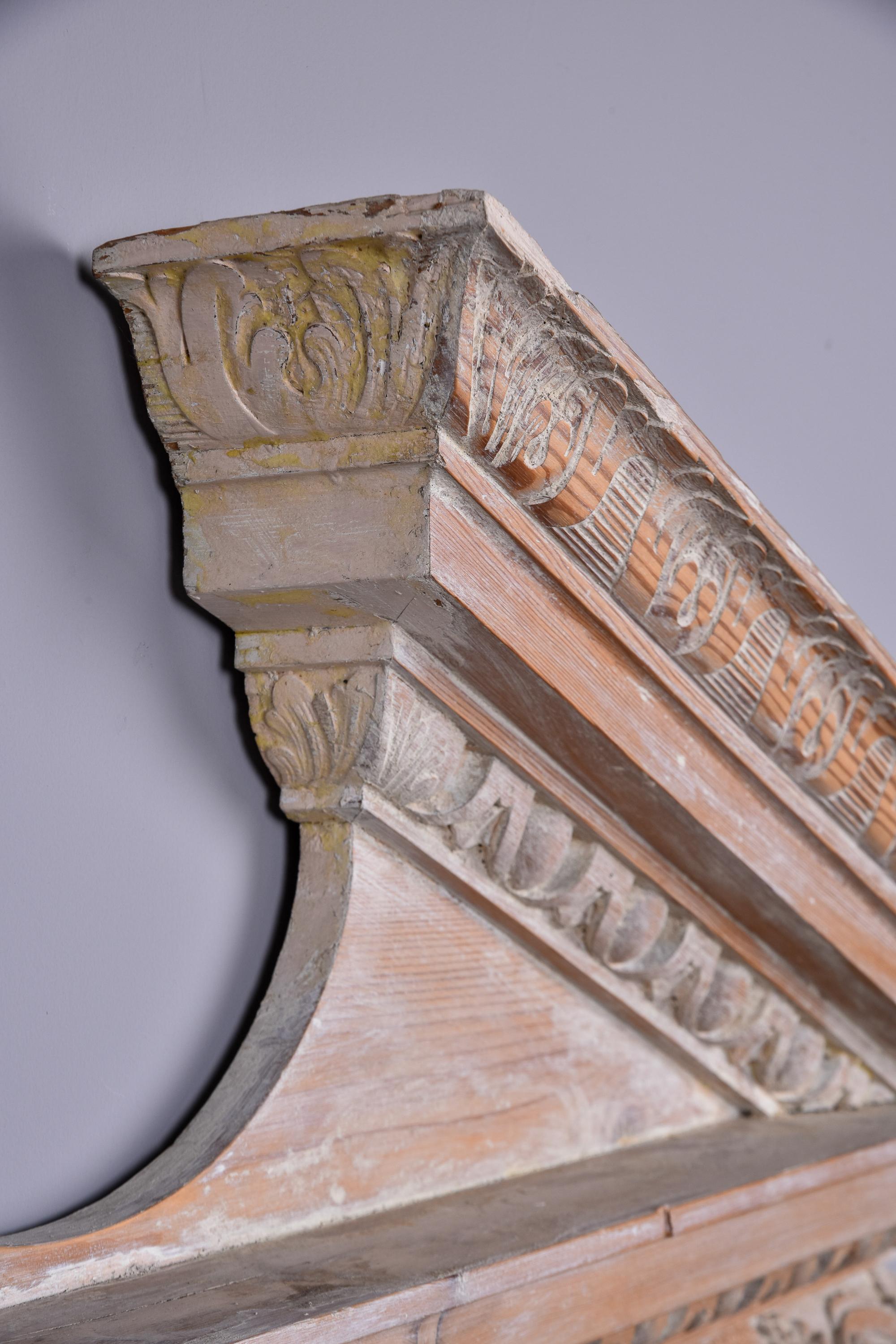 Large Limed Wooden Overdoor Split Pediment With Highly Carved Bottom Edge For Sale 2
