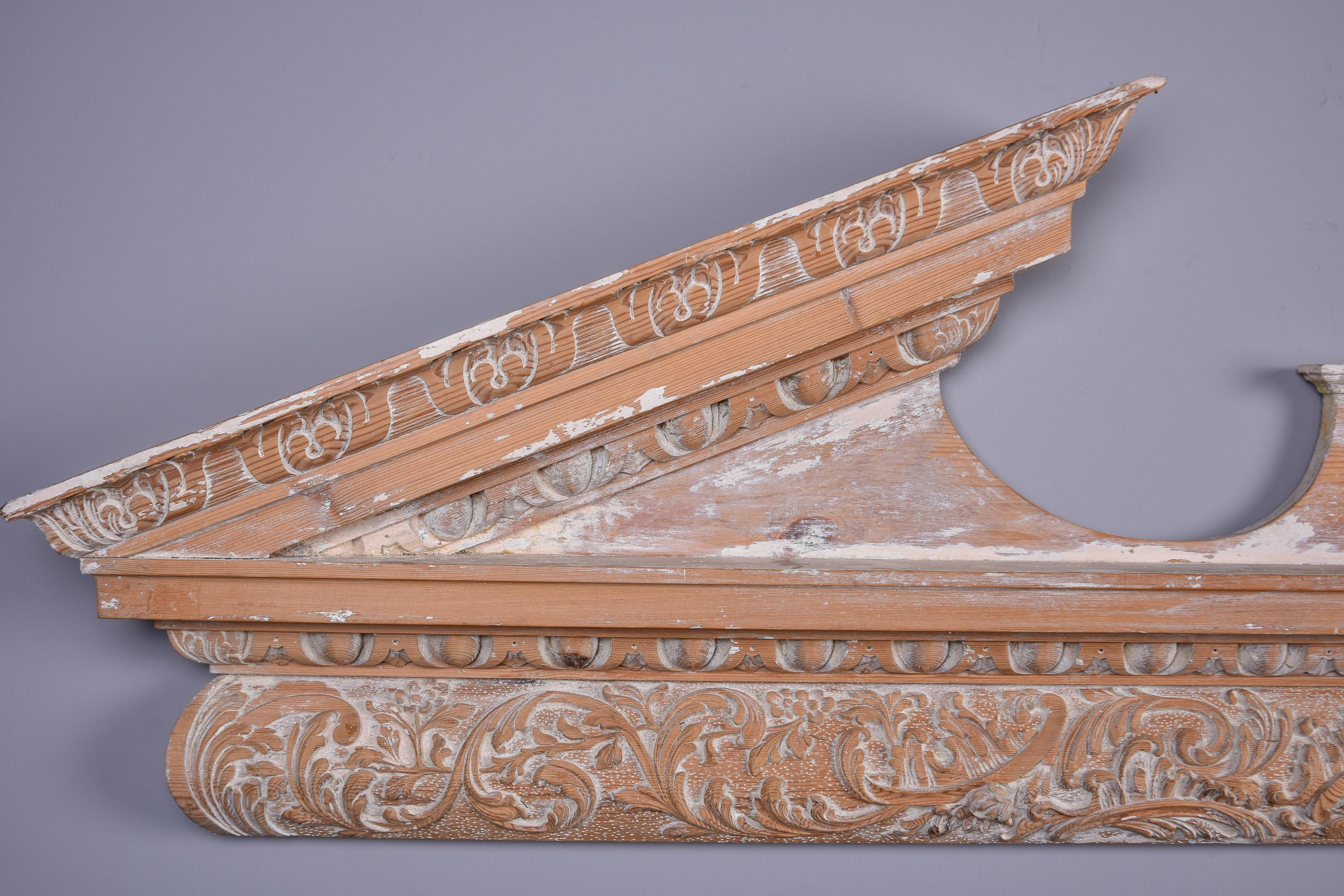 Large Limed Wooden Overdoor Split Pediment With Highly Carved Bottom Edge For Sale 3