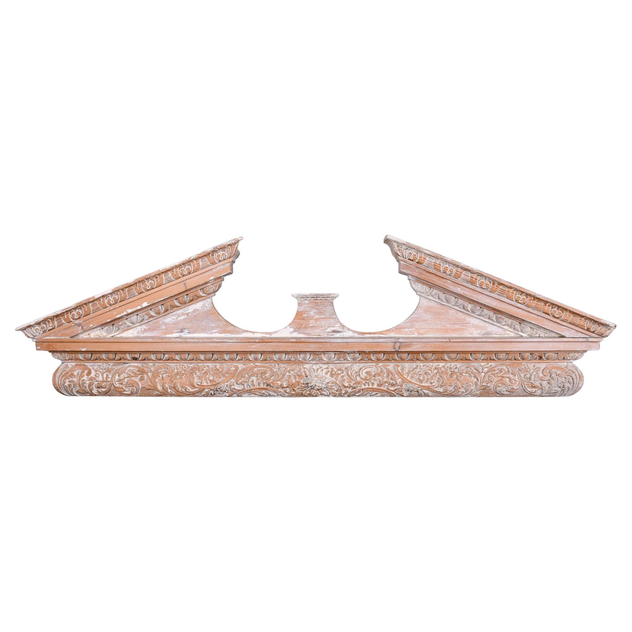 Large Limed Wooden Overdoor Split Pediment With Highly Carved Bottom Edge For Sale