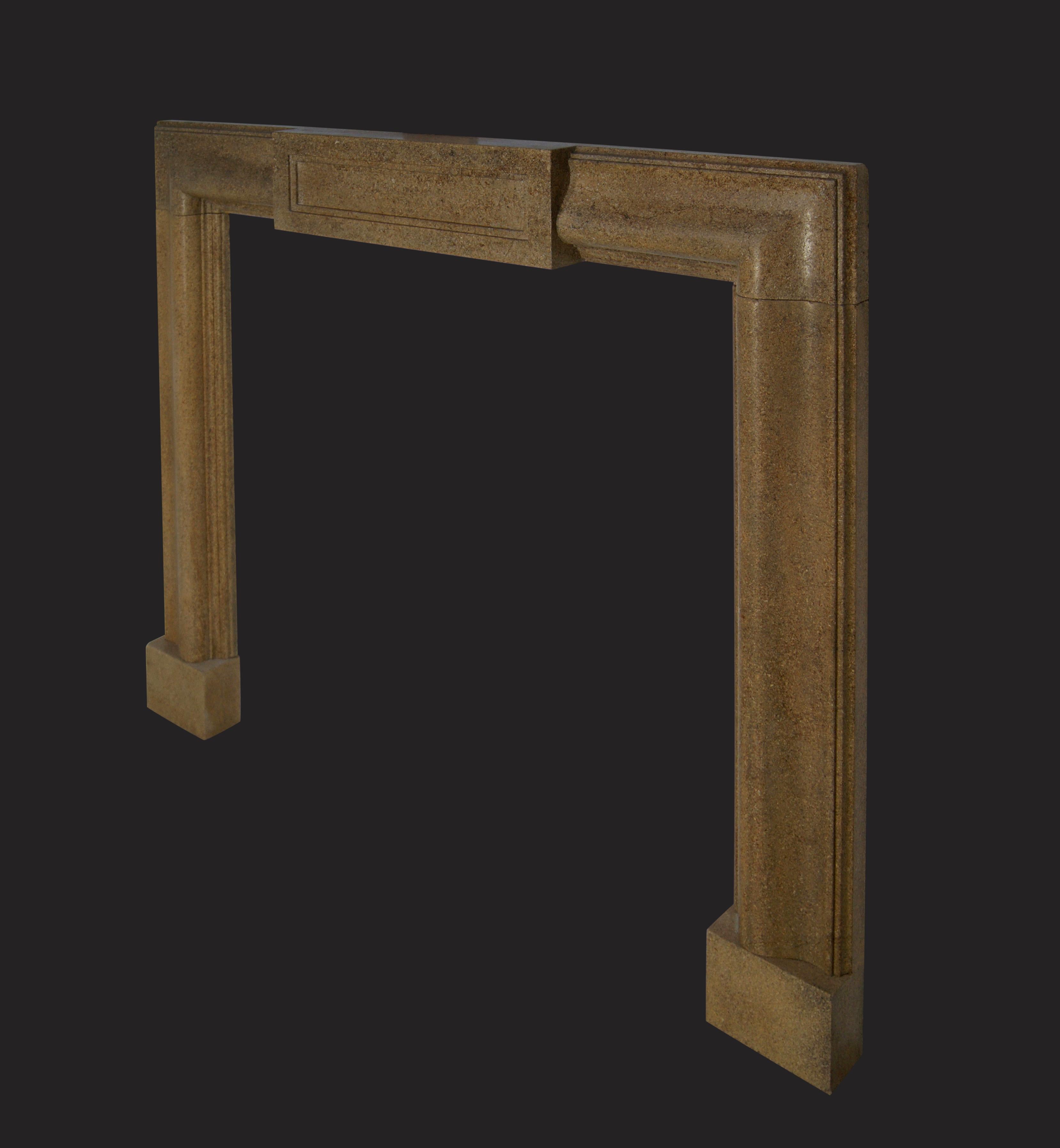 A large ‘Hopton Wood’ limestone moulded bolection chimneypiece fireplace with rectangular framed frieze and plinths.  The chimneypiece is made up of three carved moulded lengths and two plinths to meet the hearth. Restored.

Circa 1890