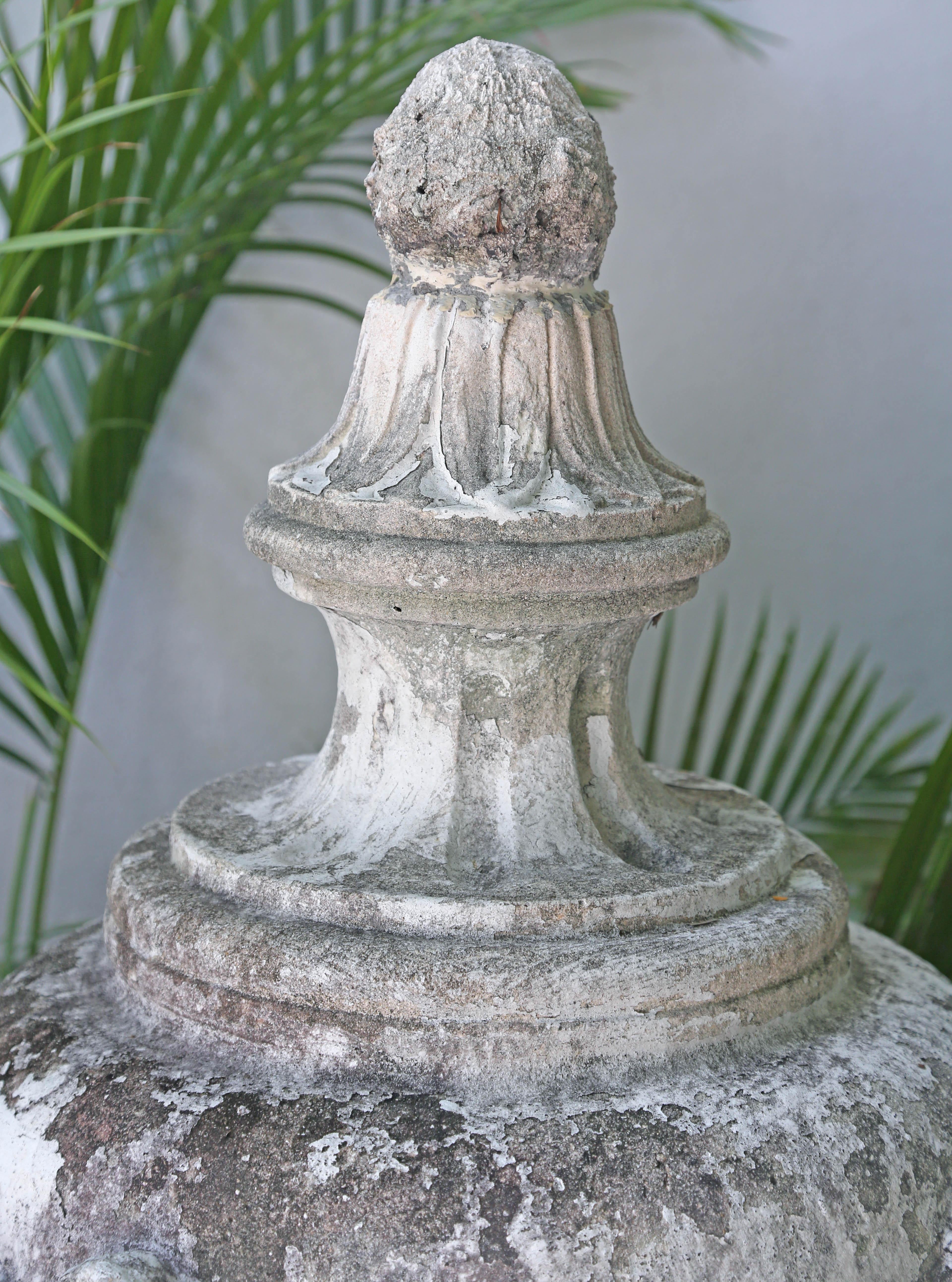 Wonderful patina on this large 1920s era ornamental limestone urn. Thought to be from the famous Vizcaya Gardens in Miami.