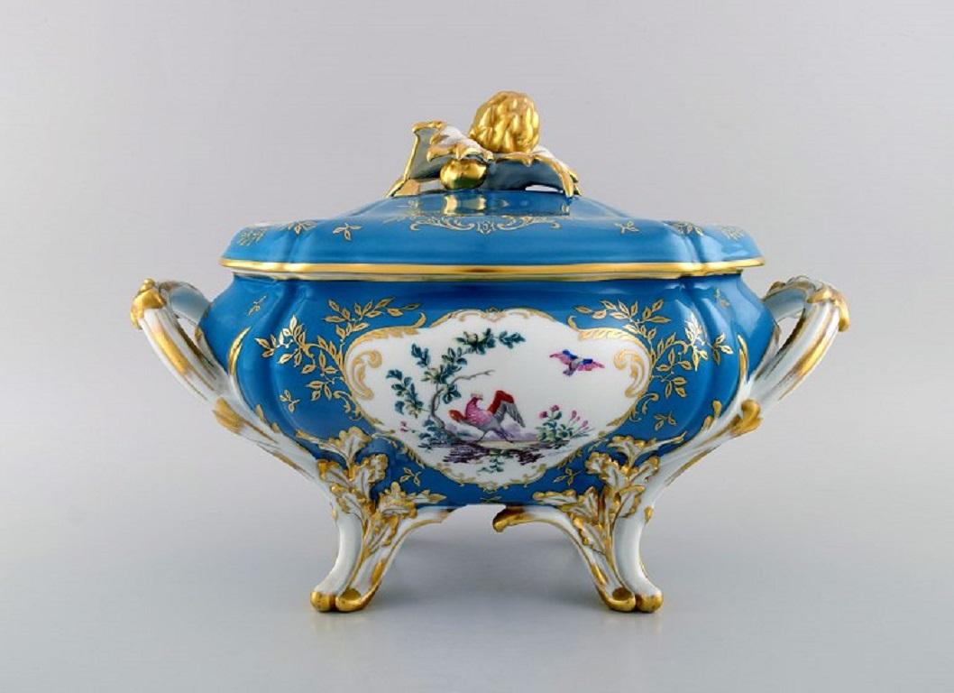 Rococo Large Limoges Lidded Tureen with Hand-Painted Birds in Landscape