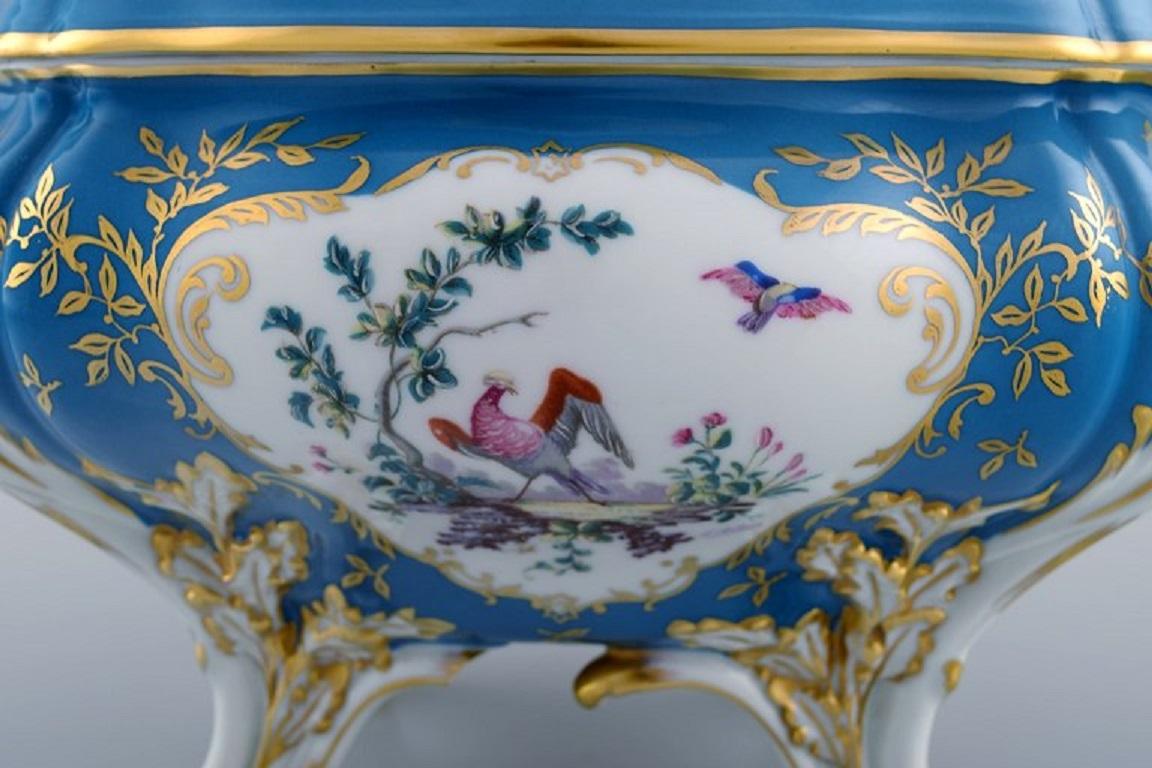 French Large Limoges Lidded Tureen with Hand-Painted Birds in Landscape