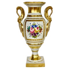 French Limoges Porcelain Baluster Vase with Swan Handles in an Empire Style