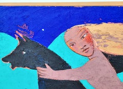 Large Linda Scott Painting on Canvas, "Dark Horse With Female Rider"