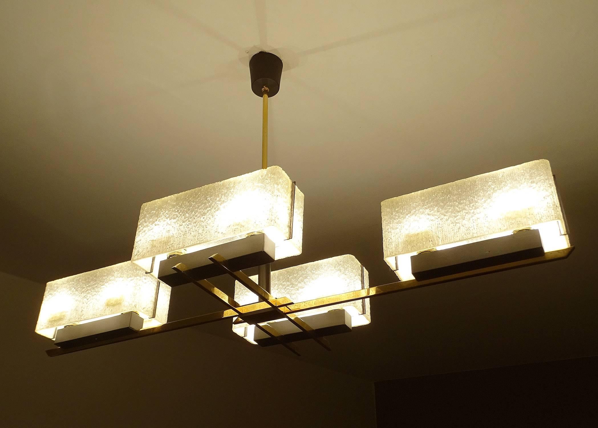 Large Linear Modernist Maison Arlus Brass Chandelier, Stilnovo Gio Ponti Era 4