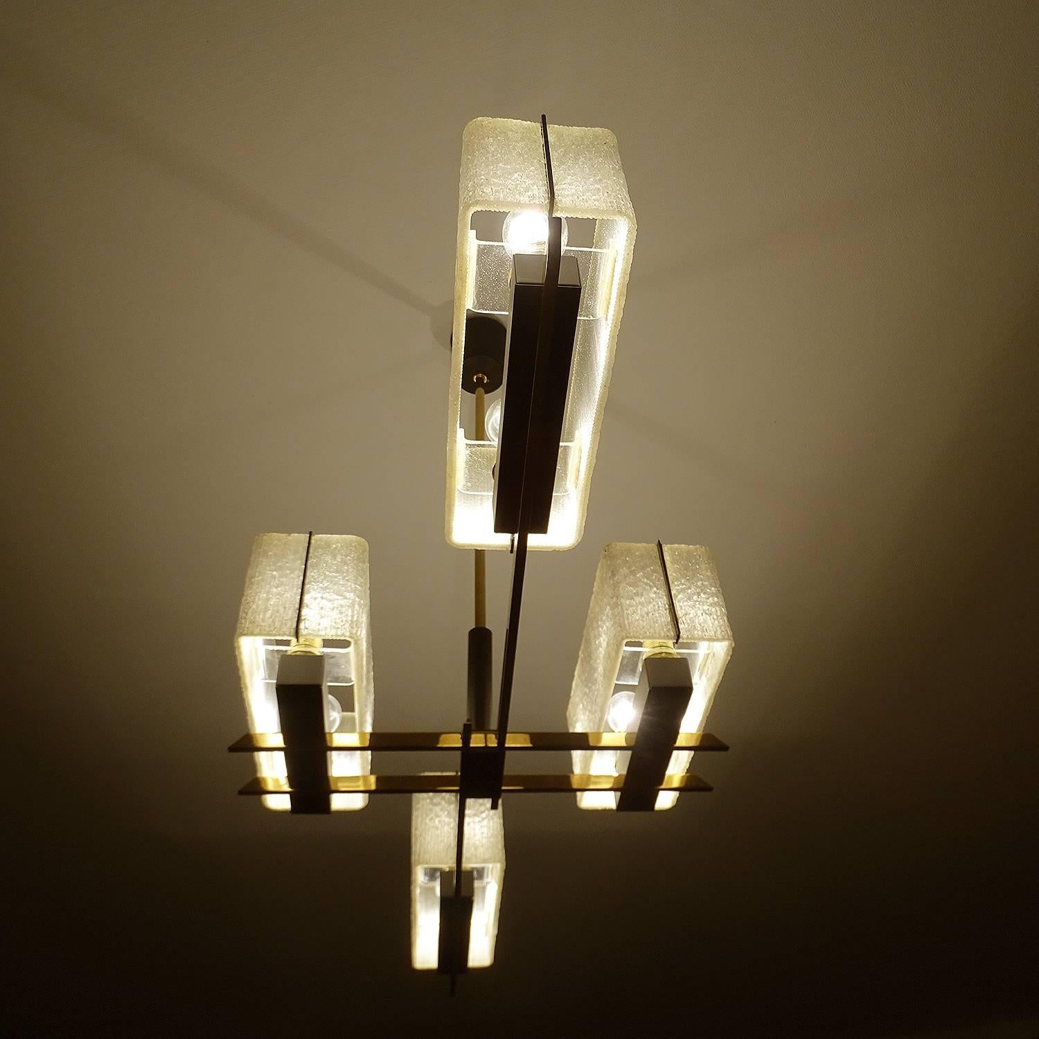 Large Linear Modernist Maison Arlus Brass Chandelier, Stilnovo Gio Ponti Era 6