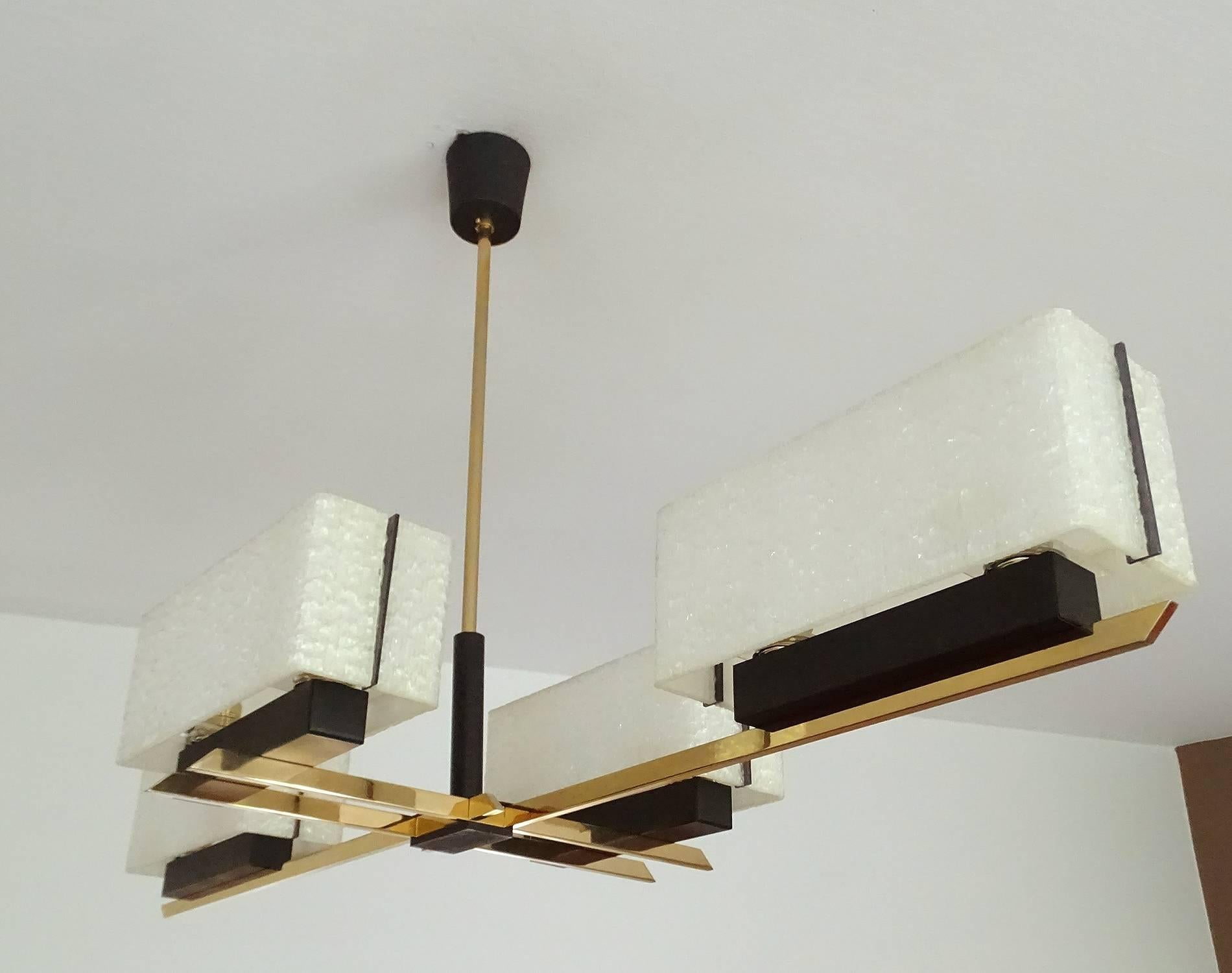 Large Linear Modernist Maison Arlus Brass Chandelier, Stilnovo Gio Ponti Era 7