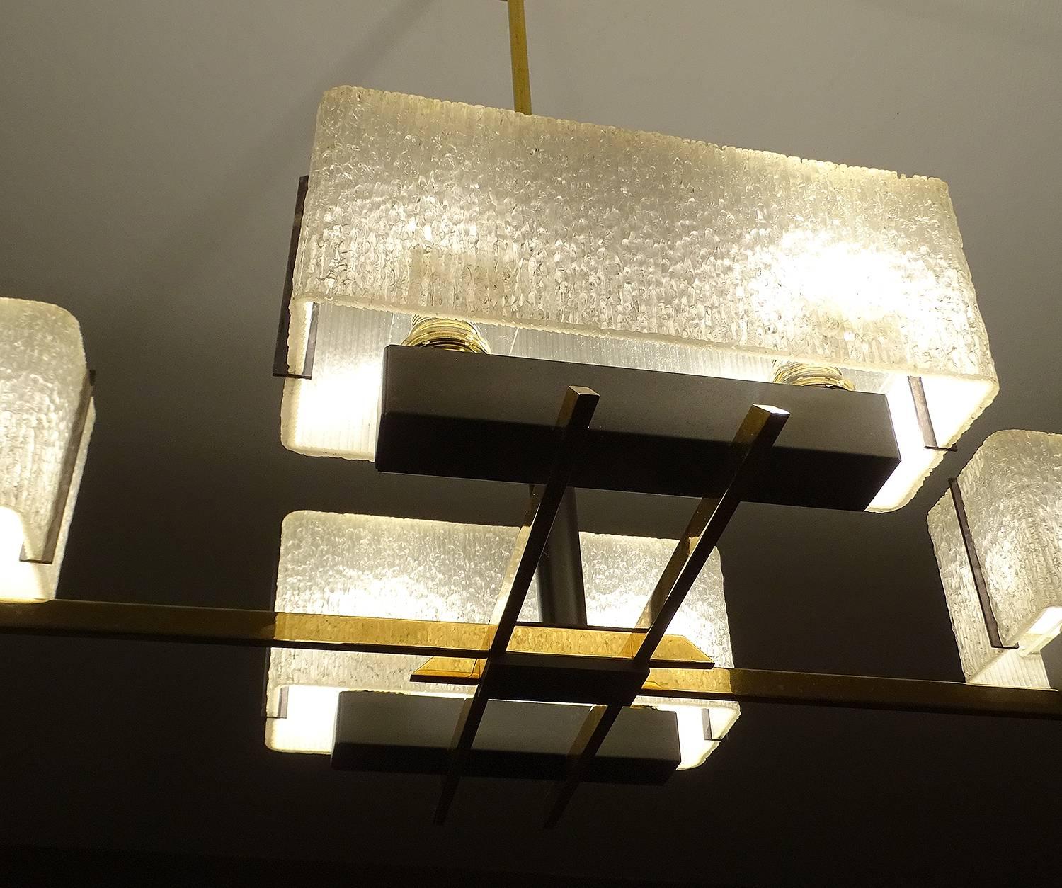 Large Linear Modernist Maison Arlus Brass Chandelier, Stilnovo Gio Ponti Era 10