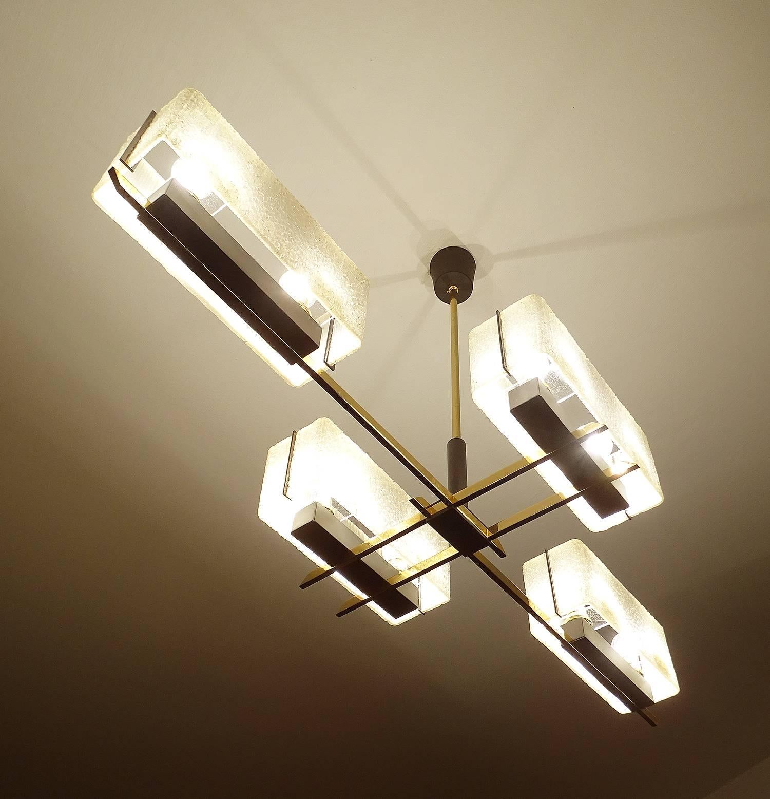 Mid-Century Modern Large Linear Modernist Maison Arlus Brass Chandelier, Stilnovo Gio Ponti Era