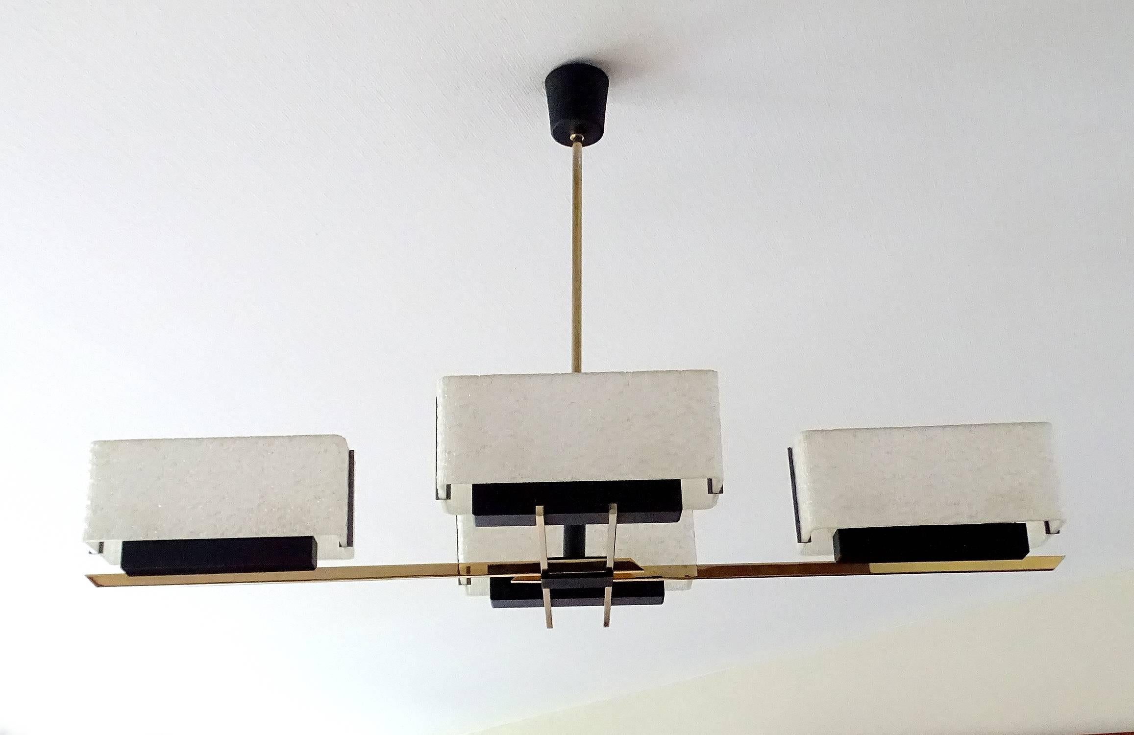 French Large Linear Modernist Maison Arlus Brass Chandelier, Stilnovo Gio Ponti Era
