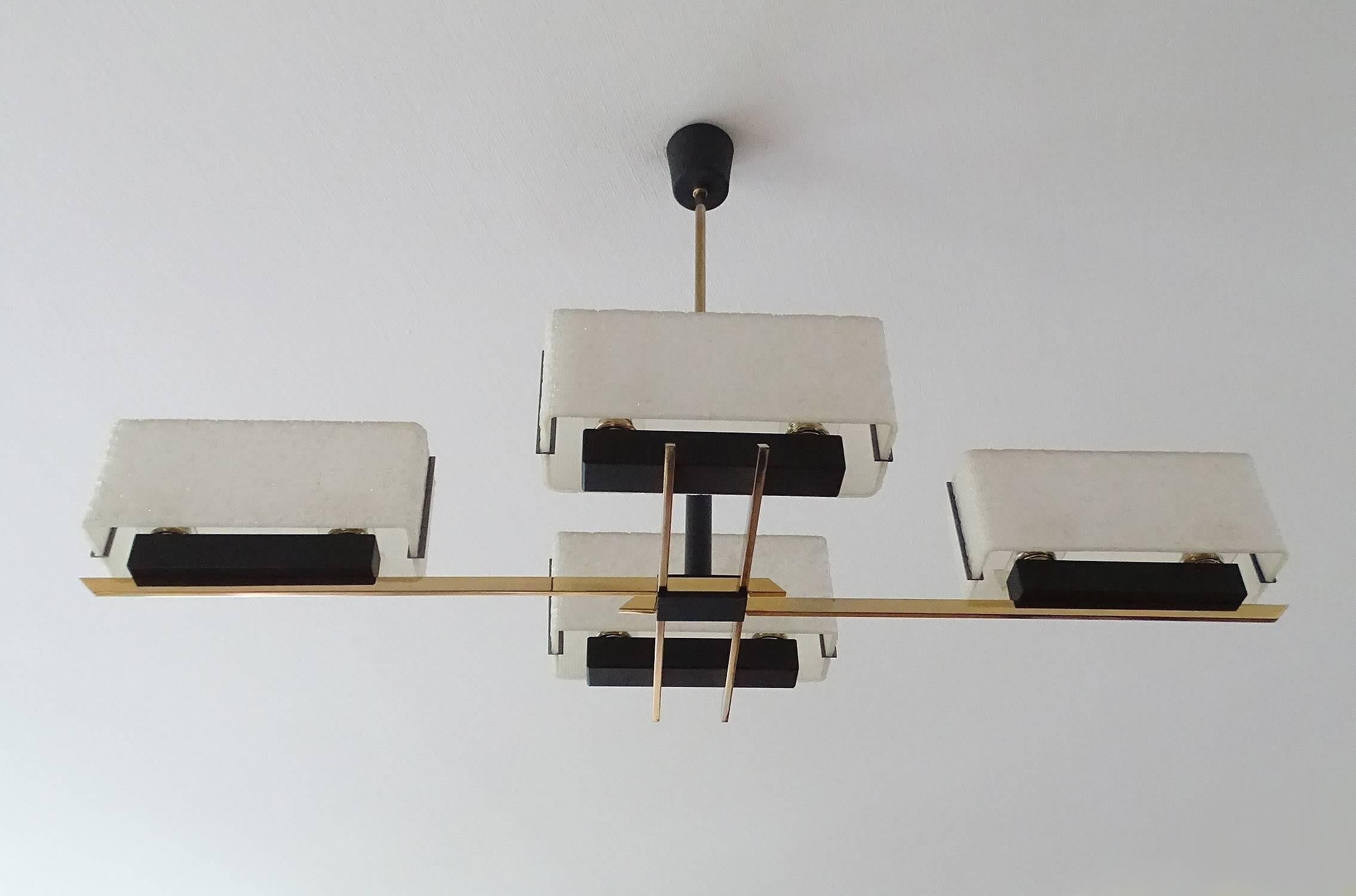 Mid-20th Century Large Linear Modernist Maison Arlus Brass Chandelier, Stilnovo Gio Ponti Era