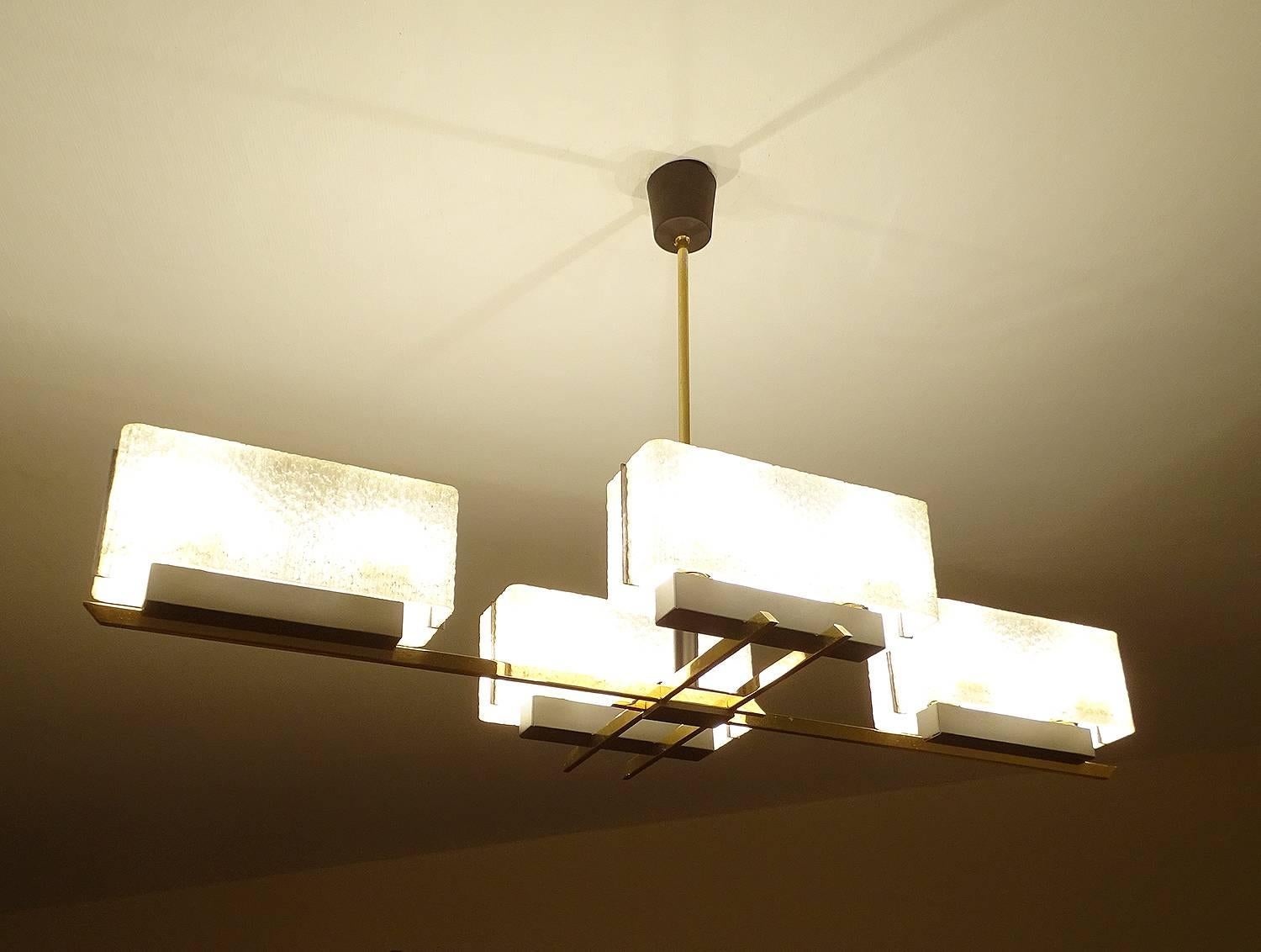 Large Linear Modernist Maison Arlus Brass Chandelier, Stilnovo Gio Ponti Era 1