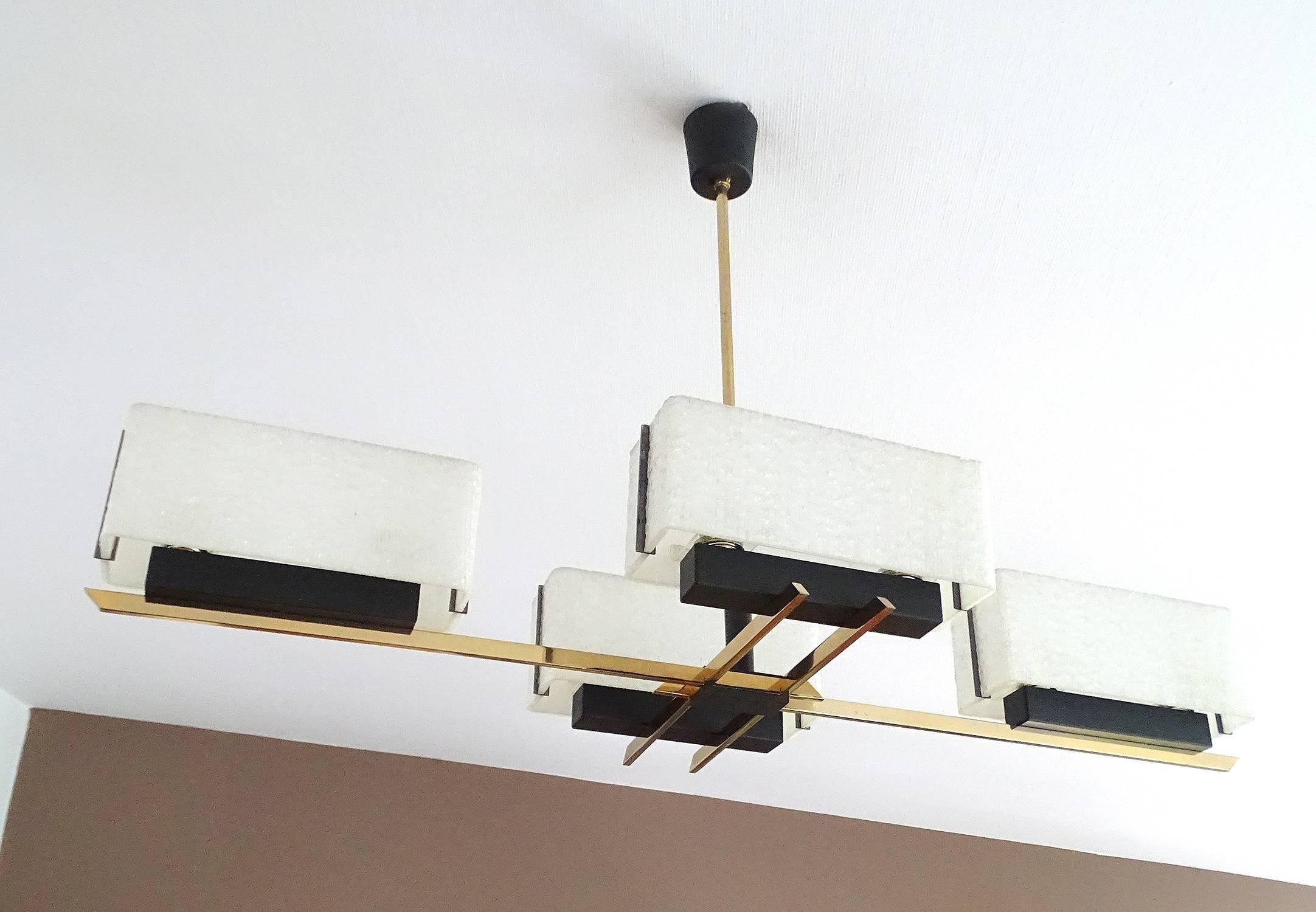 Large Linear Modernist Maison Arlus Brass Chandelier, Stilnovo Gio Ponti Era 2
