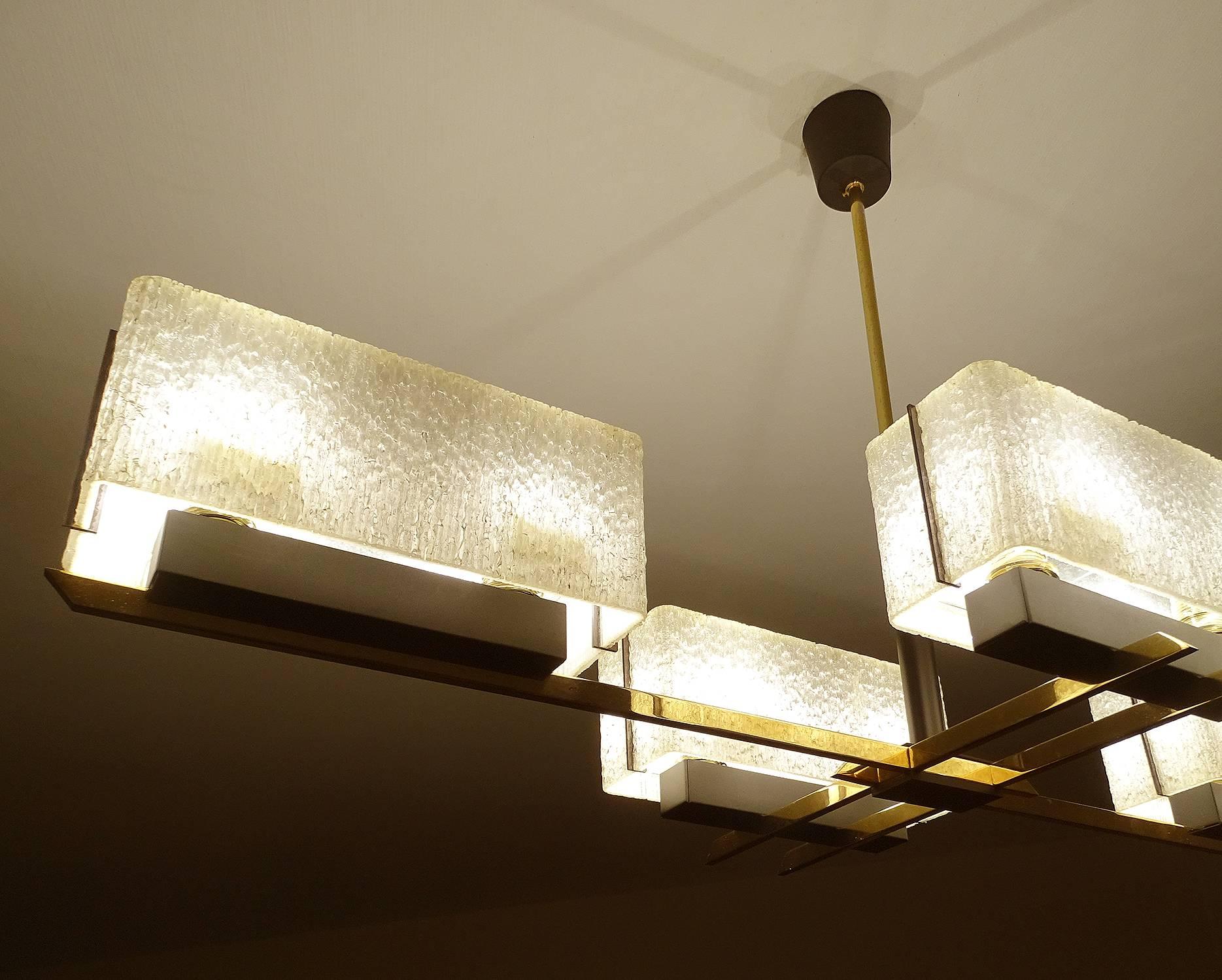 Large Linear Modernist Maison Arlus Brass Chandelier, Stilnovo Gio Ponti Era 3