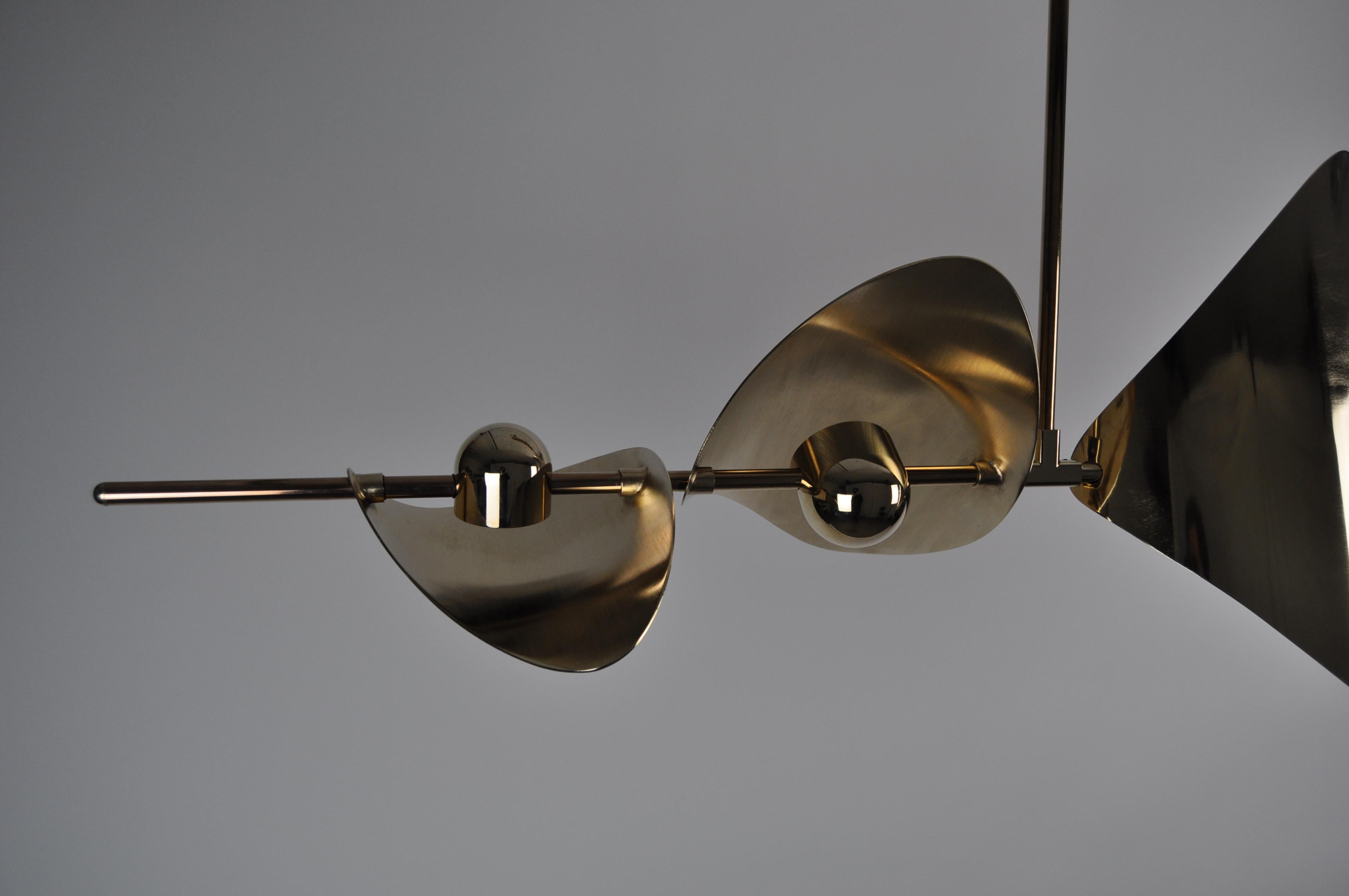 Brushed Large Linear Sculptural Brass or Nickel Chandelier, Handmade in Sweden