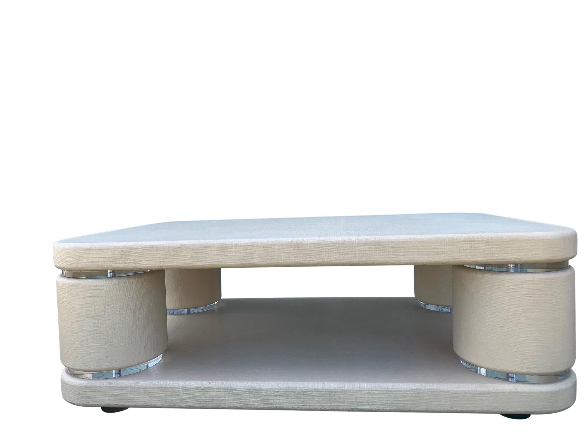 Large Linen Wrapped Cocktail / Coffee Table with Lucite Accents 2