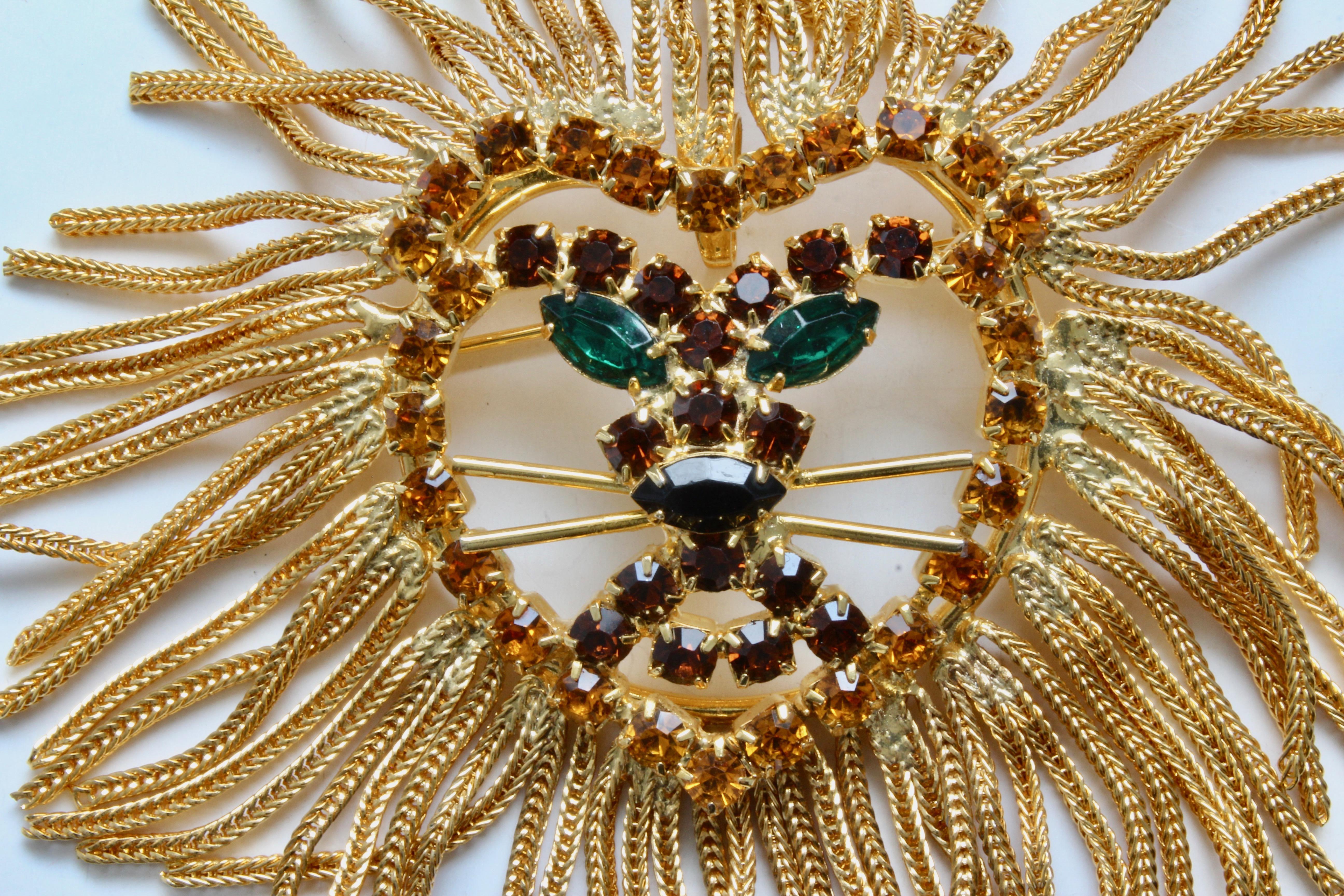 Contemporary Large Lion Head Brooch Pendant Necklace with Gems In The Style of Dominique 