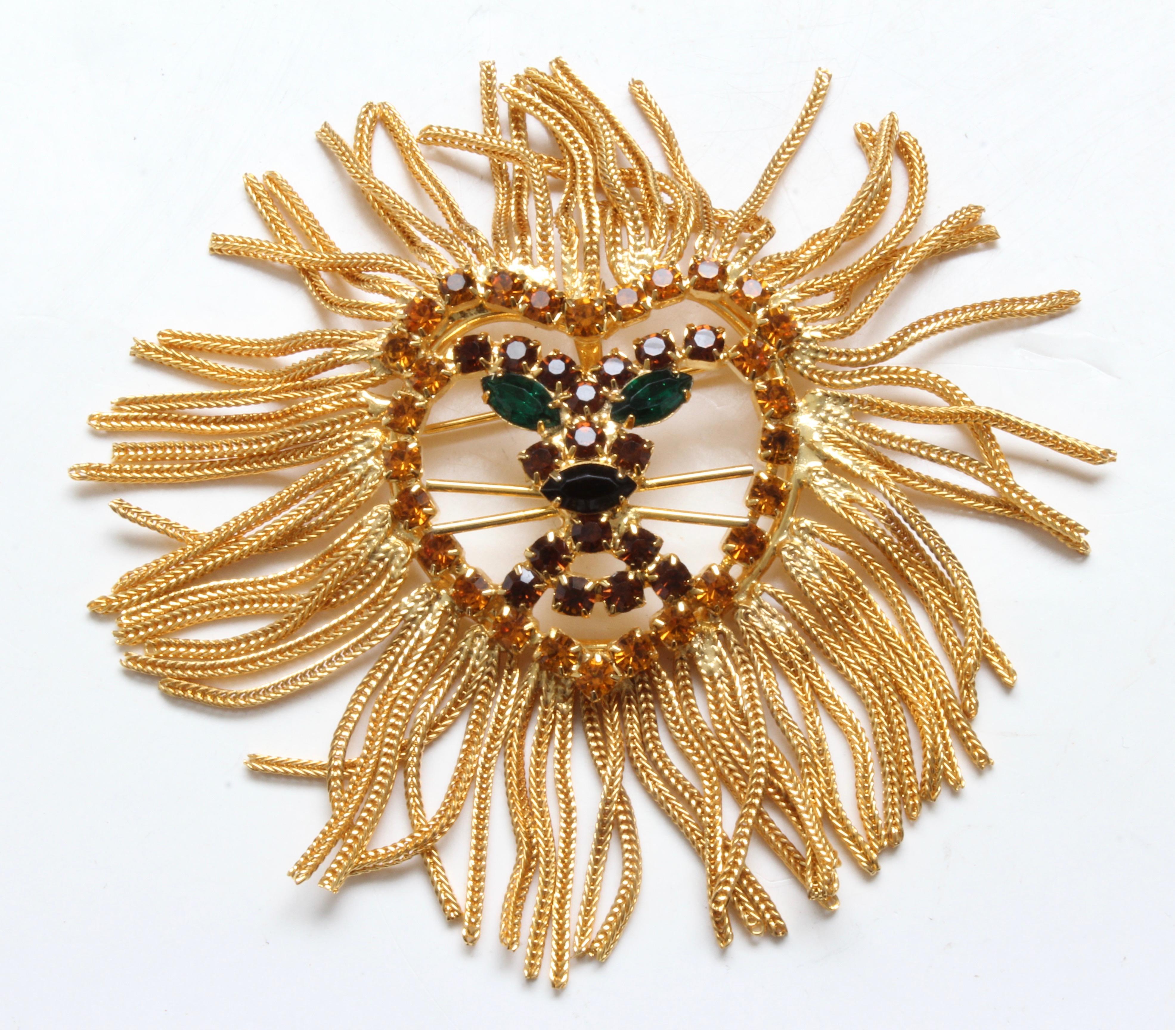 Large Lion Head Brooch Pendant Necklace with Gems In The Style of Dominique  In Good Condition In Port Saint Lucie, FL