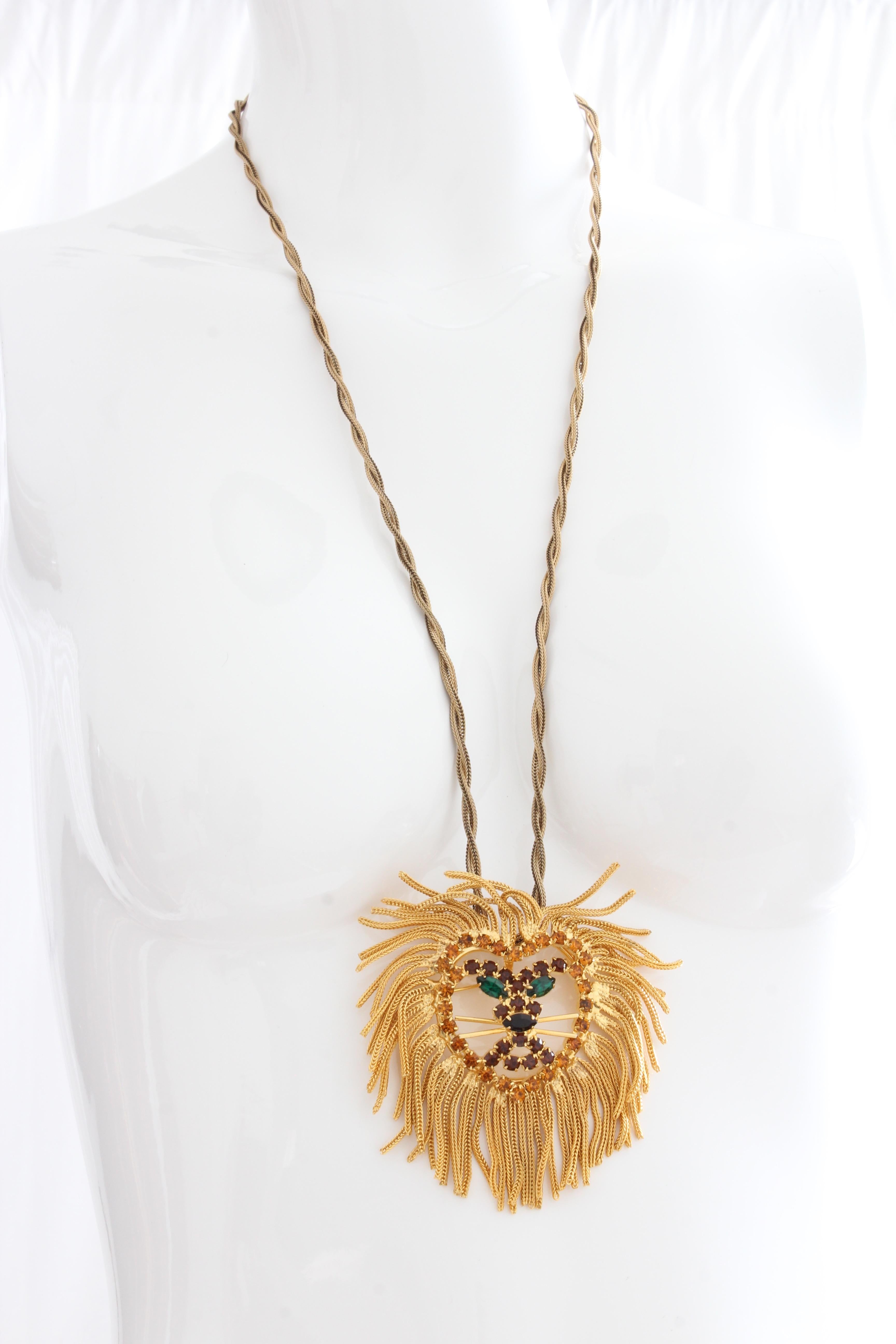 Large Lion Head Brooch Pendant Necklace with Gems In The Style of Dominique  2
