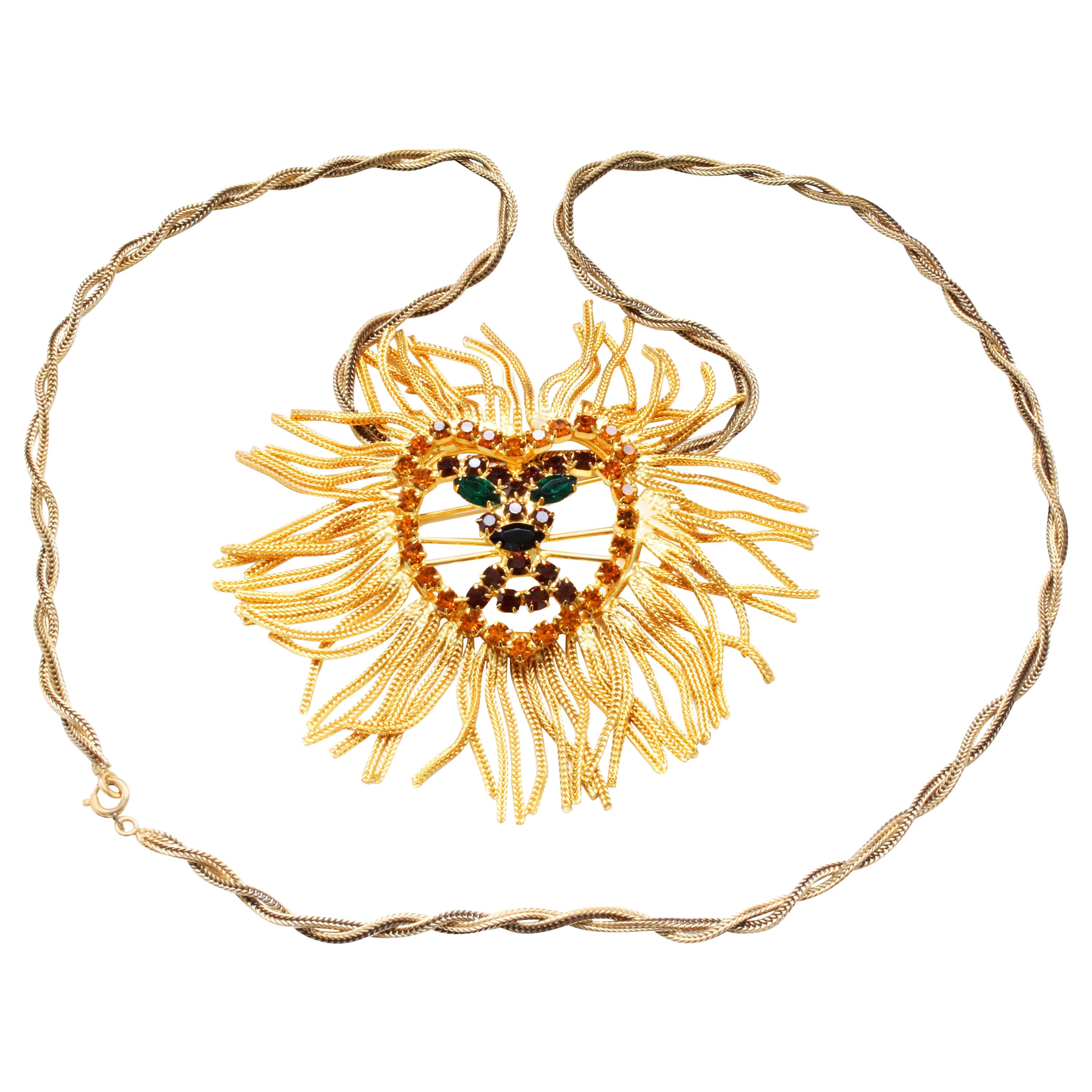 Large Lion Head Brooch Pendant Necklace with Gems In The Style of Dominique 