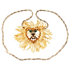 Retro Large Lion Head Brooch Pendant Necklace with Gems In The Style of Dominique 