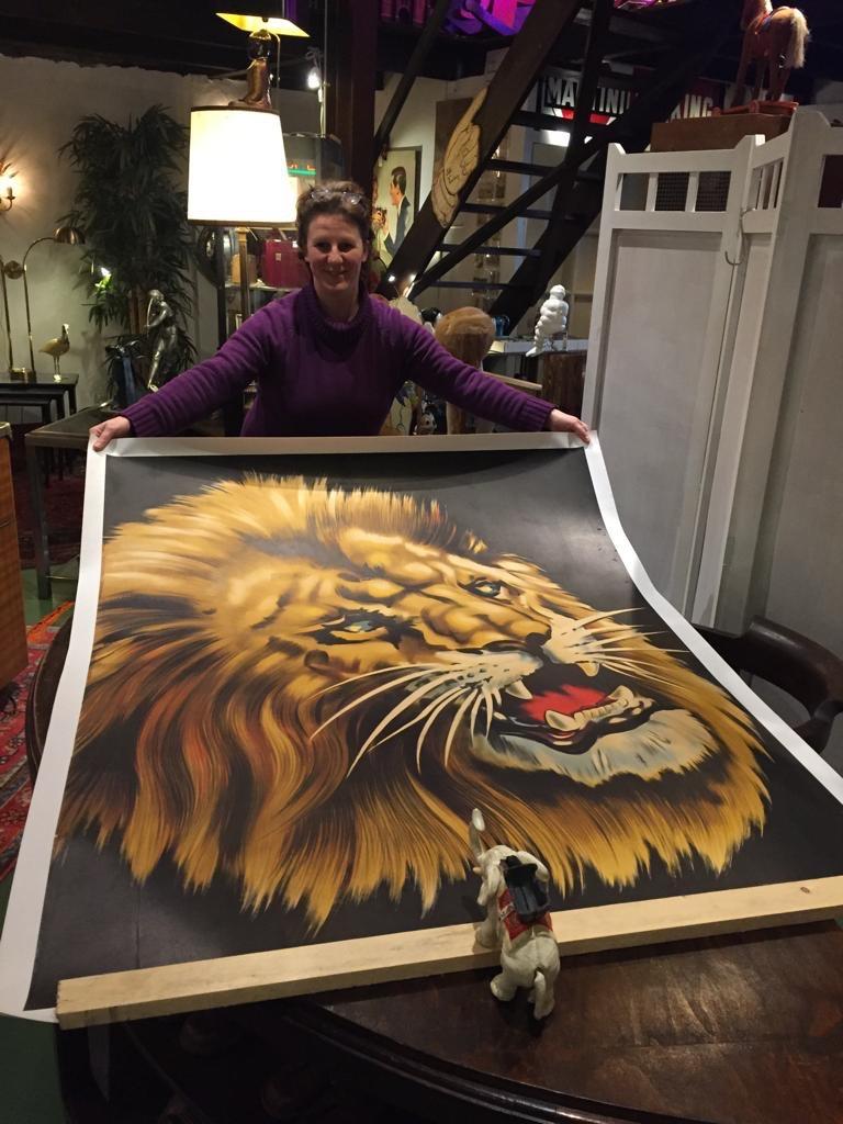 Impressive Large Poster with a Lion. 
This linen backed Lithographic Circus Poster with a Lion Head was made for Circus Triumph - Cirque Triumph, who was known before as Circus Triomph.
This poster was designed to present their new Spectacular Show
