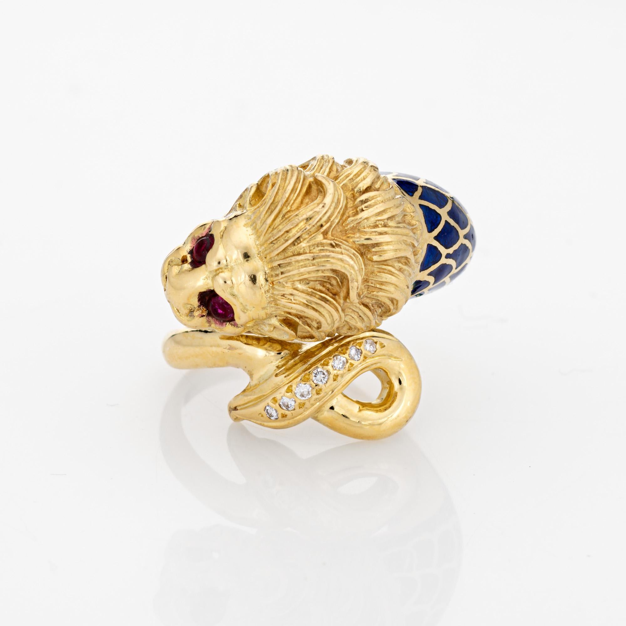 Large Lion Ring Sz 8.5 Ruby Eyes Diamond Sz 8.5 Blue Enamel Fine Animal Jewelry  In Good Condition For Sale In Torrance, CA