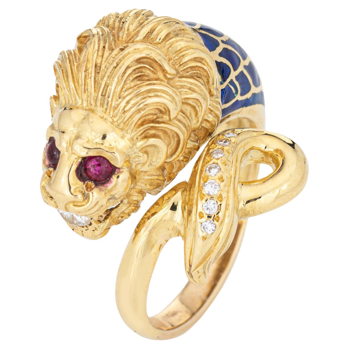Large Lion Ring Sz 8.5 Ruby Eyes Diamond Sz 8.5 Blue Enamel Fine Animal Jewelry  For Sale