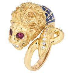 Retro Large Lion Ring Sz 8.5 Ruby Eyes Diamond Sz 8.5 Blue Enamel Fine Animal Jewelry 