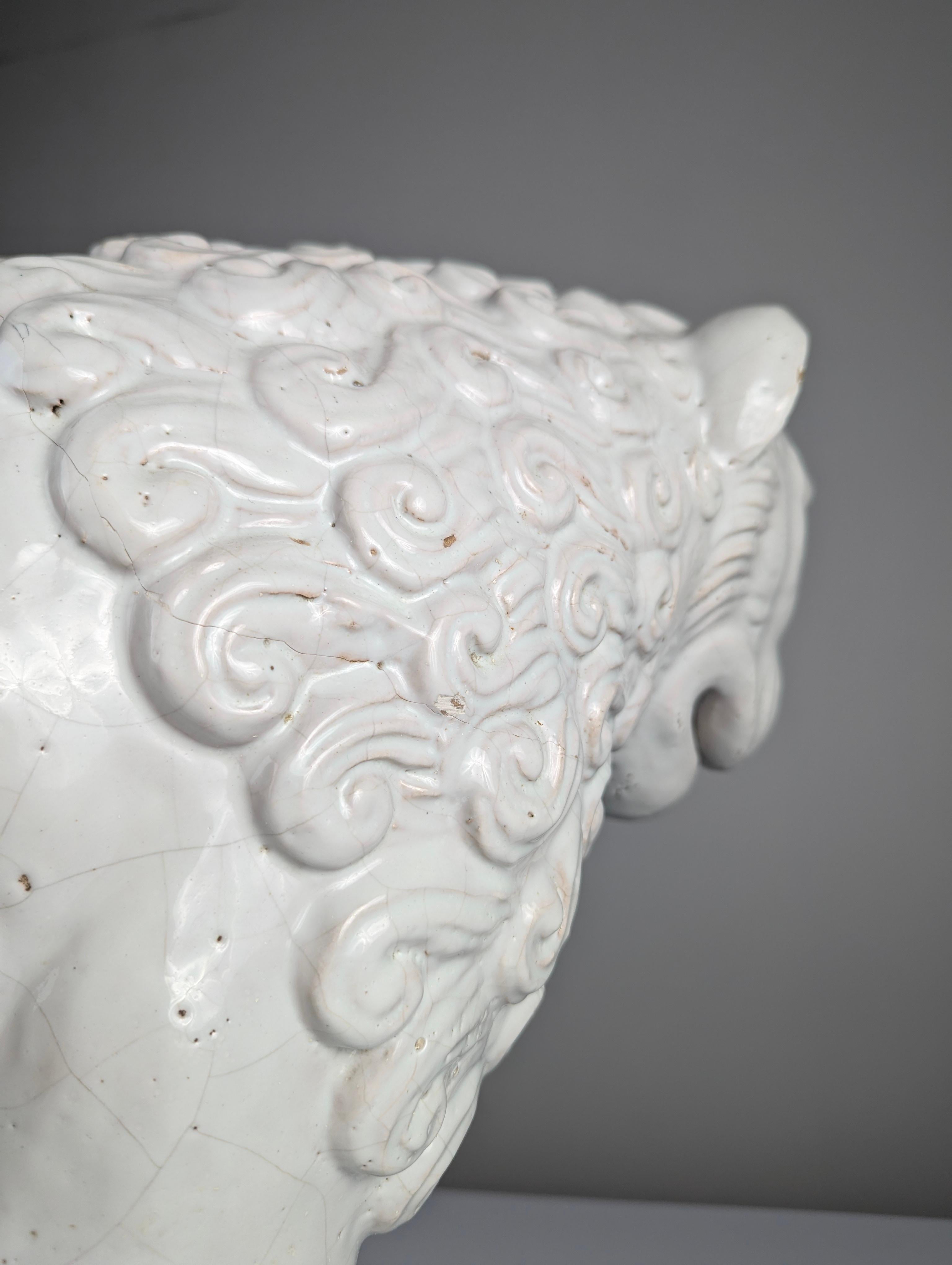 Large Lion Sculpture in Glazed Terracotta, Romanesque Style, Early 20th Century For Sale 4