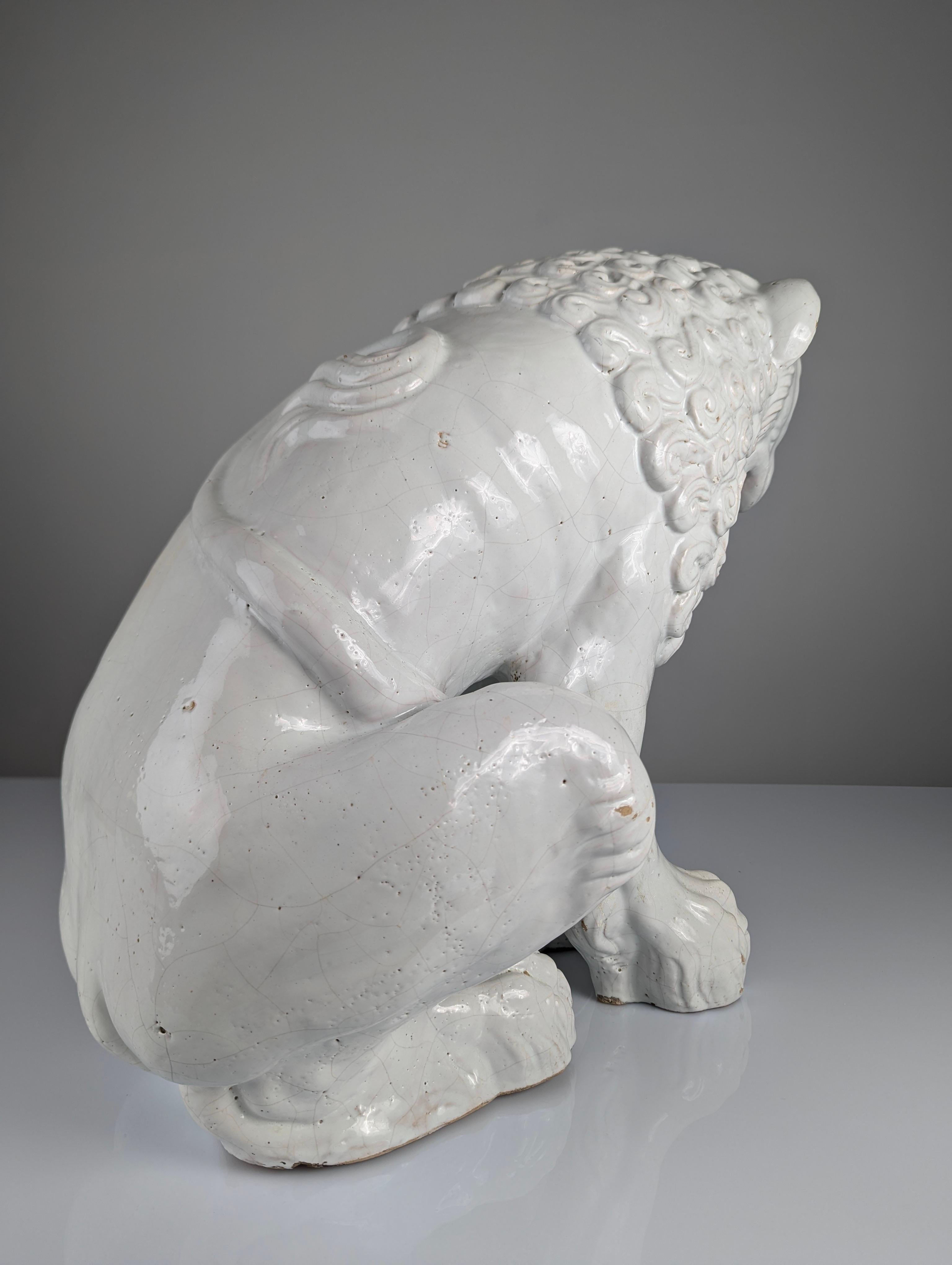 Large Lion Sculpture in Glazed Terracotta, Romanesque Style, Early 20th Century For Sale 6