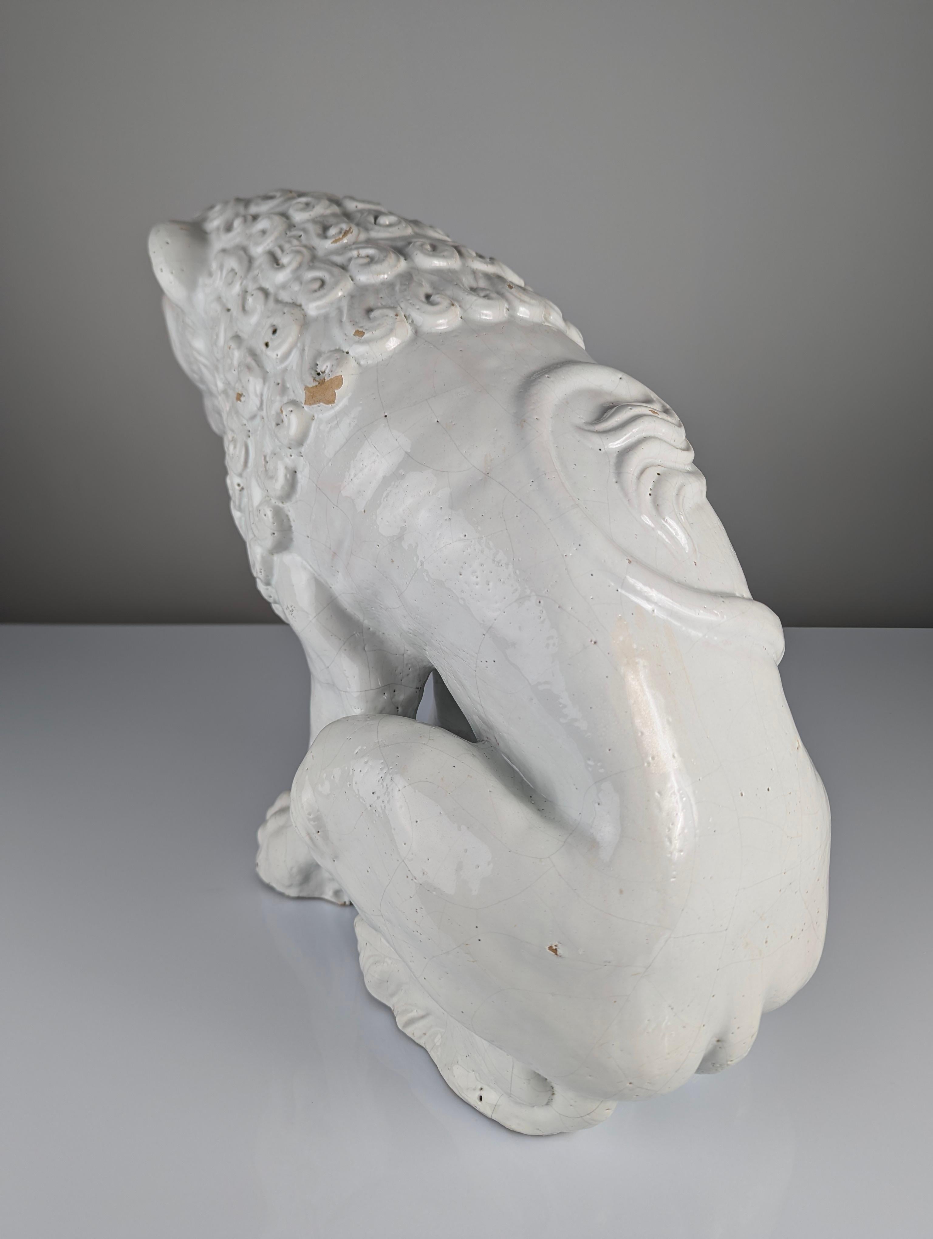 Large Lion Sculpture in Glazed Terracotta, Romanesque Style, Early 20th Century For Sale 8