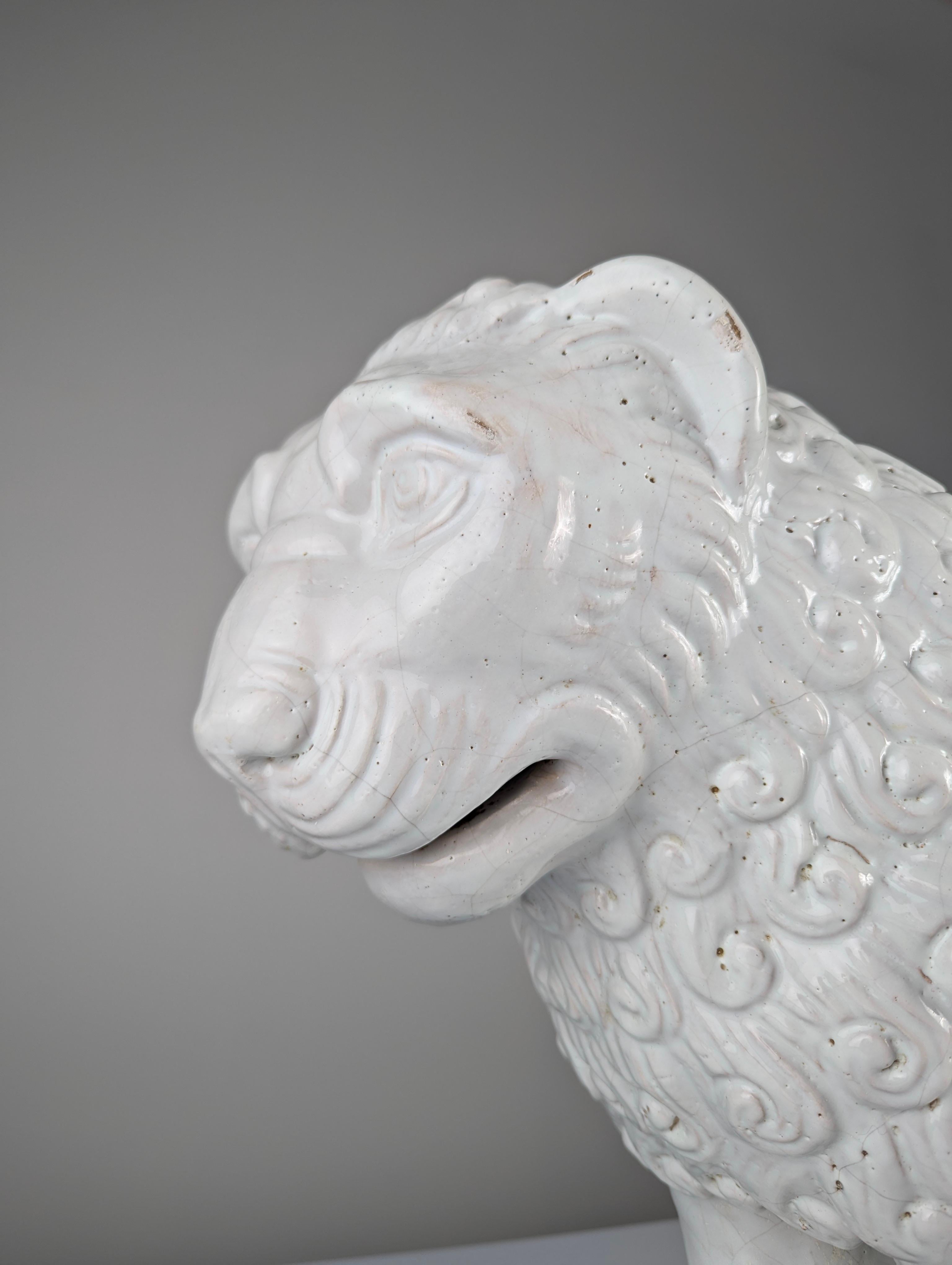 Large Lion Sculpture in Glazed Terracotta, Romanesque Style, Early 20th Century For Sale 9