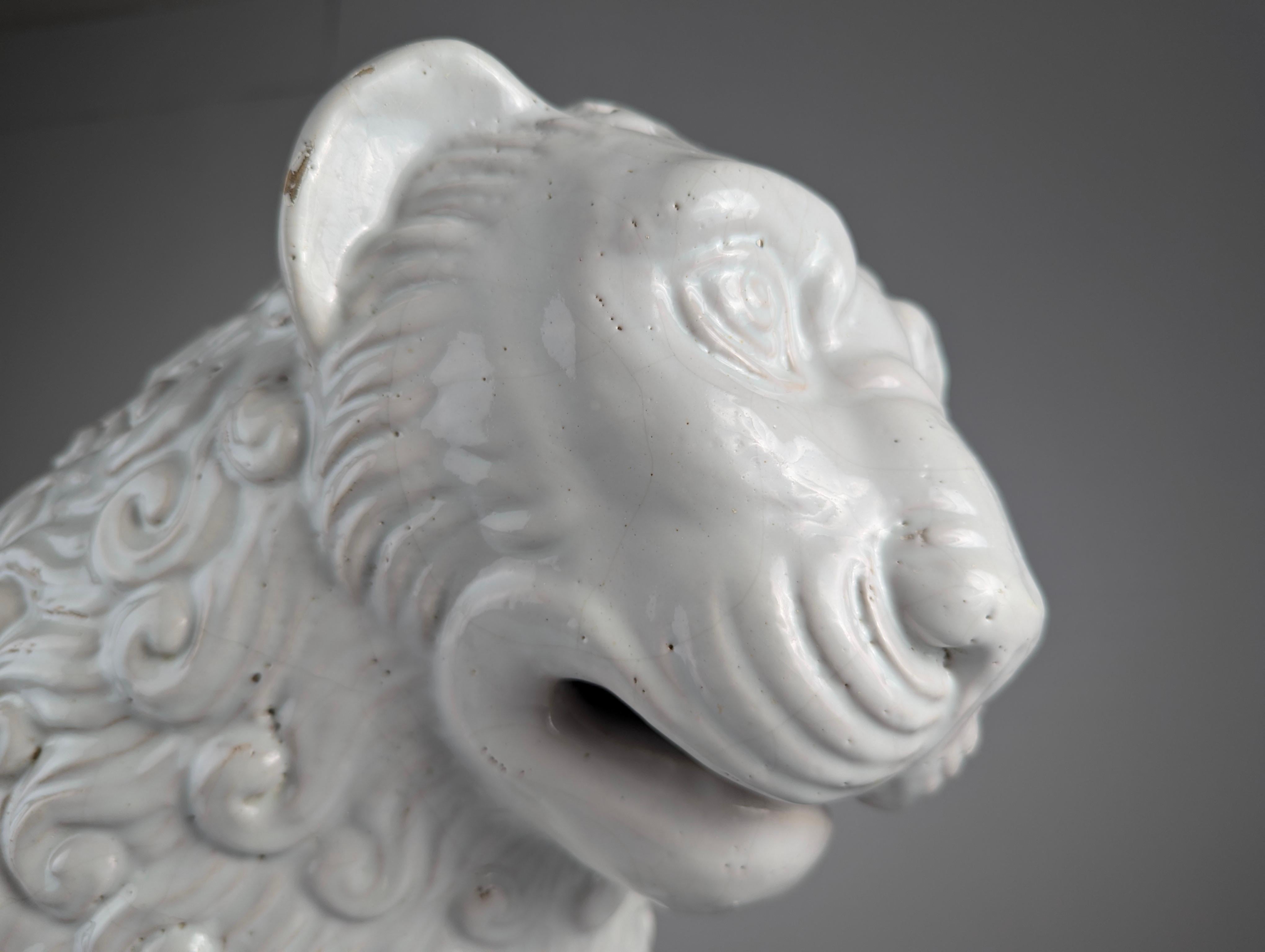 European Large Lion Sculpture in Glazed Terracotta, Romanesque Style, Early 20th Century For Sale