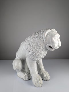 Large Lion Sculpture in Glazed Terracotta, Romanesque Style, Early 20th Century